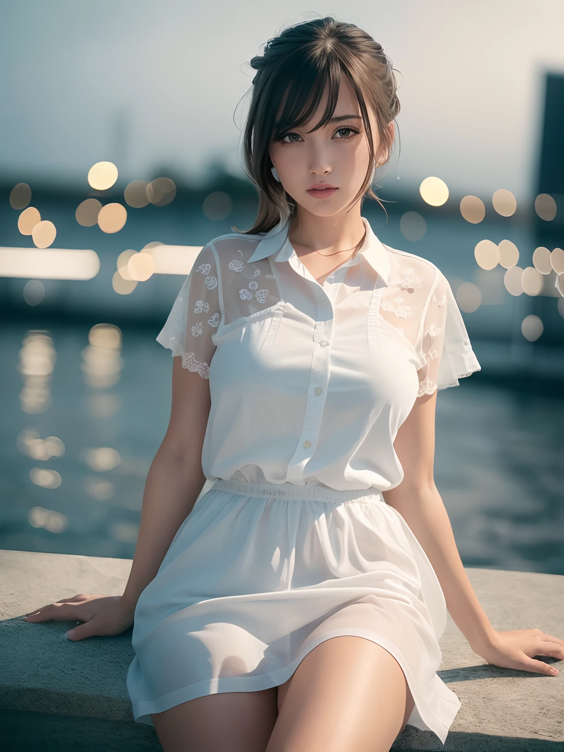 (8k, Best Quality, Masterpiece: 1.2), (Realistic, Photorealistic: 1.37), Super Detailed, 1 Girl, Cute, Alone, Beautiful Detailed Sky, Detailed Cafe, Night, Sitting, Date, ( Nose blush), (smile: 1.15), (close mouth) small breasts, beautiful details, (collared shirt: 1.1), night, wet, business wear, rain, white lace, (short hair: 1.2), floating Hair NovaFrogStyle,