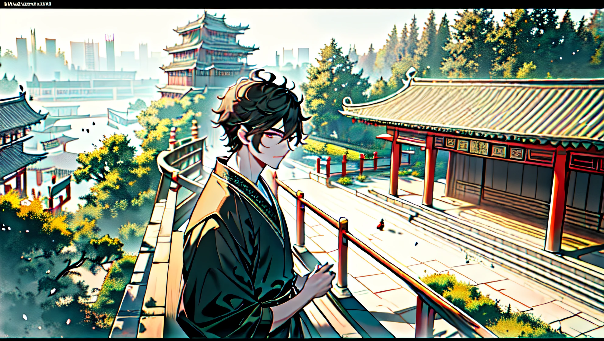 4k,8k,best quality, masterpiece,1man,young,looking at,surrounded by ancient architecture,palace,serious expression,clothing similar to Tang Dynasty attire,background,Chinese emperor,Chang'an city,royal garden