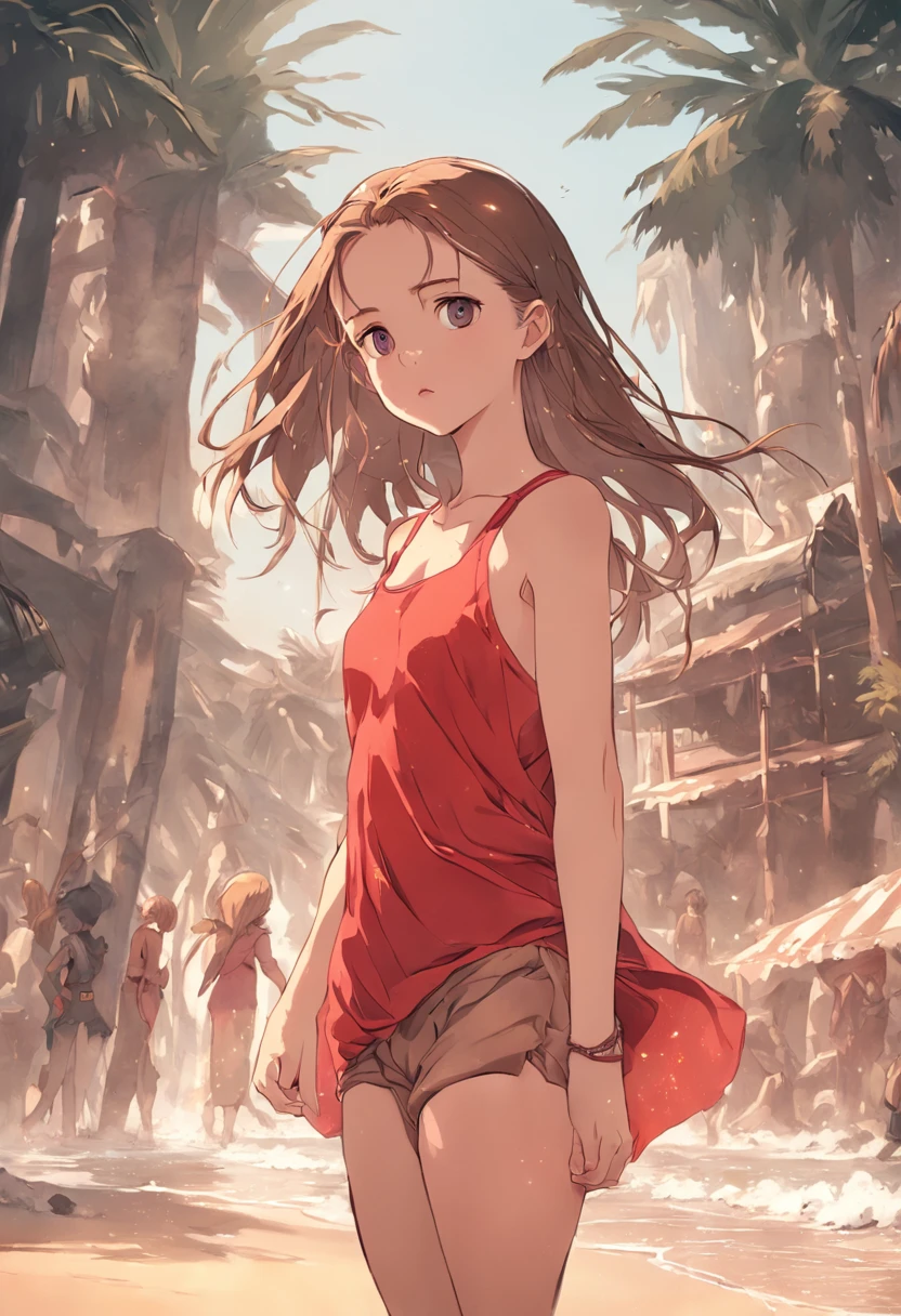 1girl,full body shot,natalie portman,front view,looking at camera,beatiful,high detailed face,walking on the beach,intricate,wears red tank top,