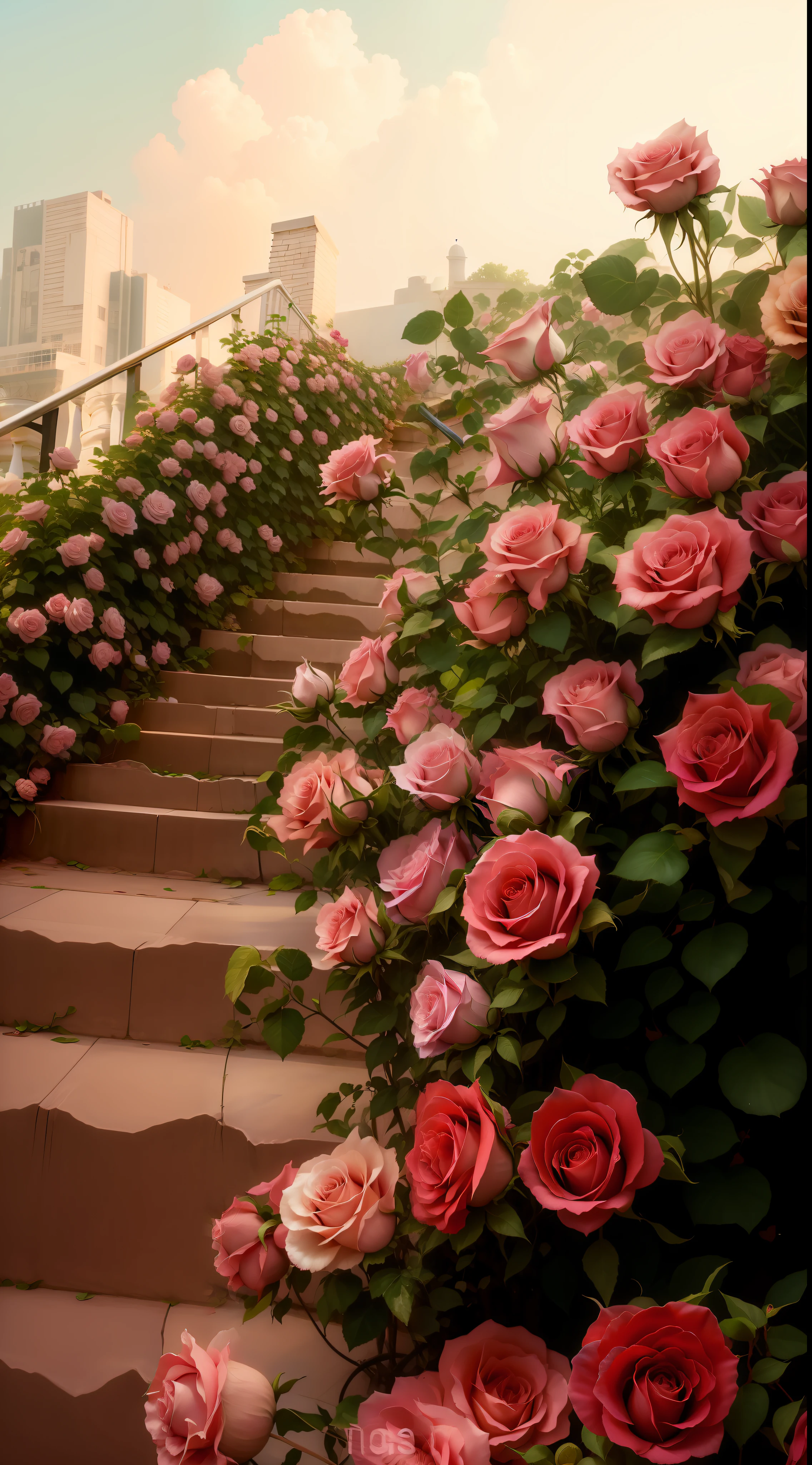 Pink roses grow on the steps of the building, red roses at the top, rosses, rosette, Beautiful and aesthetic, Rose garden, beautiful aesthetic, beutifull, Beautiful nature, big breasts beautiful, very very beautiful, stairway to heaven, Beautiful image, beautiful flowers growing, roses in cinematic light, Rose, beautiful aesthetic design, Really beautiful nature, Beautiful flowers