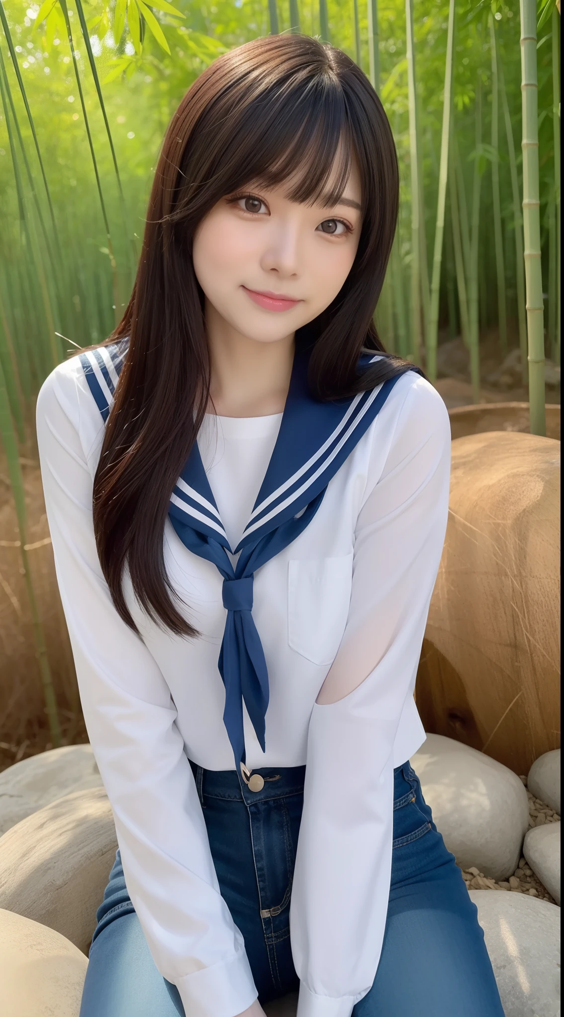 a pregirl,Thirty year old, ssmile, looking at viewert, sailor uniformm,skintight jeans, photore, realisticlying, Best quality at best, employee, 详细的脸, Sitting on a large rock in the middle of a bamboo forest, diffuselighting, depth of fields, Background bokeh