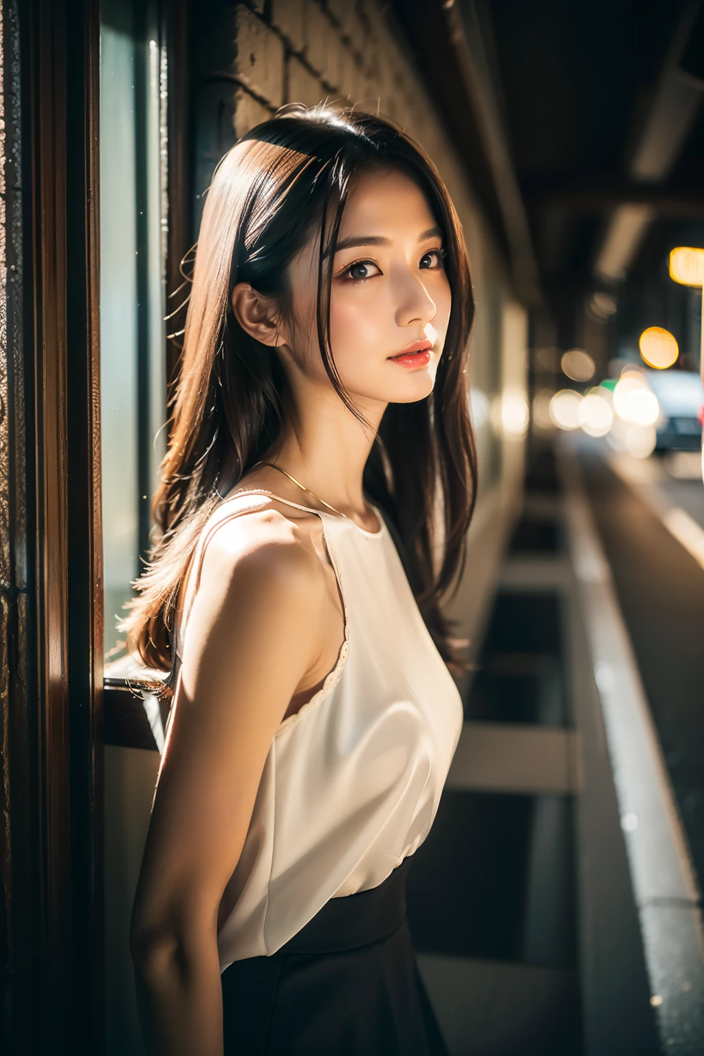 (8K分辨率,Rembrandt style expression of light and shadow, Dark tone, (low tune, High differential color levels), ((Depth of field)), deepshadow, Dynamic Angle, From the side Side, Full body photo, (City lights, The background is blurred out)),(1 female,(Tyver's facial features:1.8,s delicate face),Melancholy face,com rosto detalhado,详细的脸,(Delicate Japanese makeup),Black colored eyes,(Look into the distance),Long fluffy hair curled slightly(Messy has layers),Redlip,Fair smooth skin,(Best Skin Type:1.21),mediuml breasts,(Fashionable casual wear,sleeveless t shirt,Horse face skirt, Silk satin,Normal printing),Squat on the road,perfect hand,Ultra-fine clothing material),(Modern City,Tunnel background,Squat on the road,Exquisite environmental details),(Contemplative eyes,A smile of reminiscence,Sweetness in the heart),( (extremely beautiful lighting), hard light, Delicate composition, (Perfect positioning), (extremely beautiful and detailed background:1.21),Lens flare, String Light,Gorgeous and rich graphics),((Color balance,adolable,ellegance,glomy,(white colors,black in color,red colour))),(Golden section,Cinema lenses,Dynamic shots,Hasselblad photograp,tmasterpiece:1.3),(Extremely delicate and beautiful:1.21),(Courtesan,Youth idol,focus-on,trendsetting,Artis,Art platform,(Masterpiece:1.21))