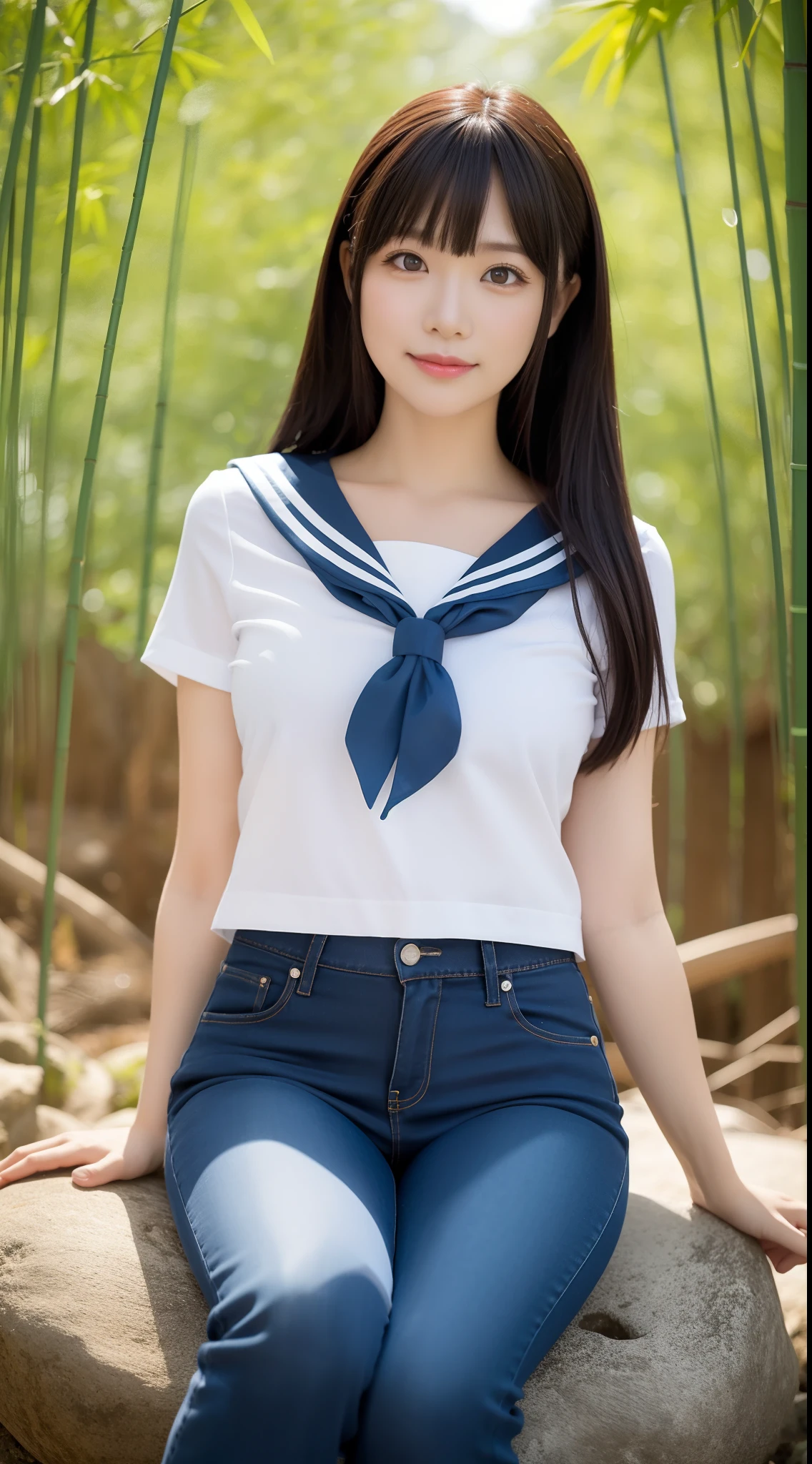 a pregirl,Thirty year old, ssmile, looking at viewert, sailor uniformm,skintight jeans, photore, realisticlying, Best quality at best, employee, 详细的脸, Sitting on a large rock in the middle of a bamboo forest, diffuselighting, depth of fields, Background bokeh