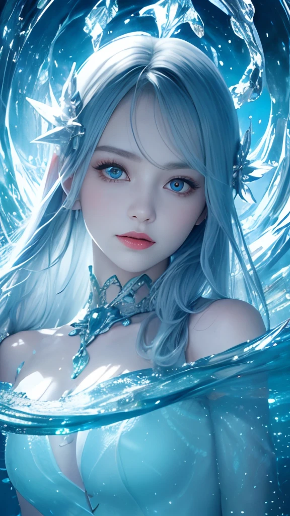 tmasterpiece,top-quality,optimum,offcial art,Beautiful and aesthetic,Long exposure:1.2),Smooth movement,Charming Patterns, 1 rapariga,Adult Russian woman,freckle,jade Eyes,Black lob hair, sportrait,独奏,The upper part of the body,Gaze the observer,detailedbackground,Detailed face,(crystallineAI, crystalline theme:1.1),Elemental Water Elves,Swirl water,Control the water,Fantasy magician's clothes,dynamicposes,particles floating,Ethereal power,Eau,vaporous,the ocean in the background,blue tint,shores,Ethereal atmosphere,