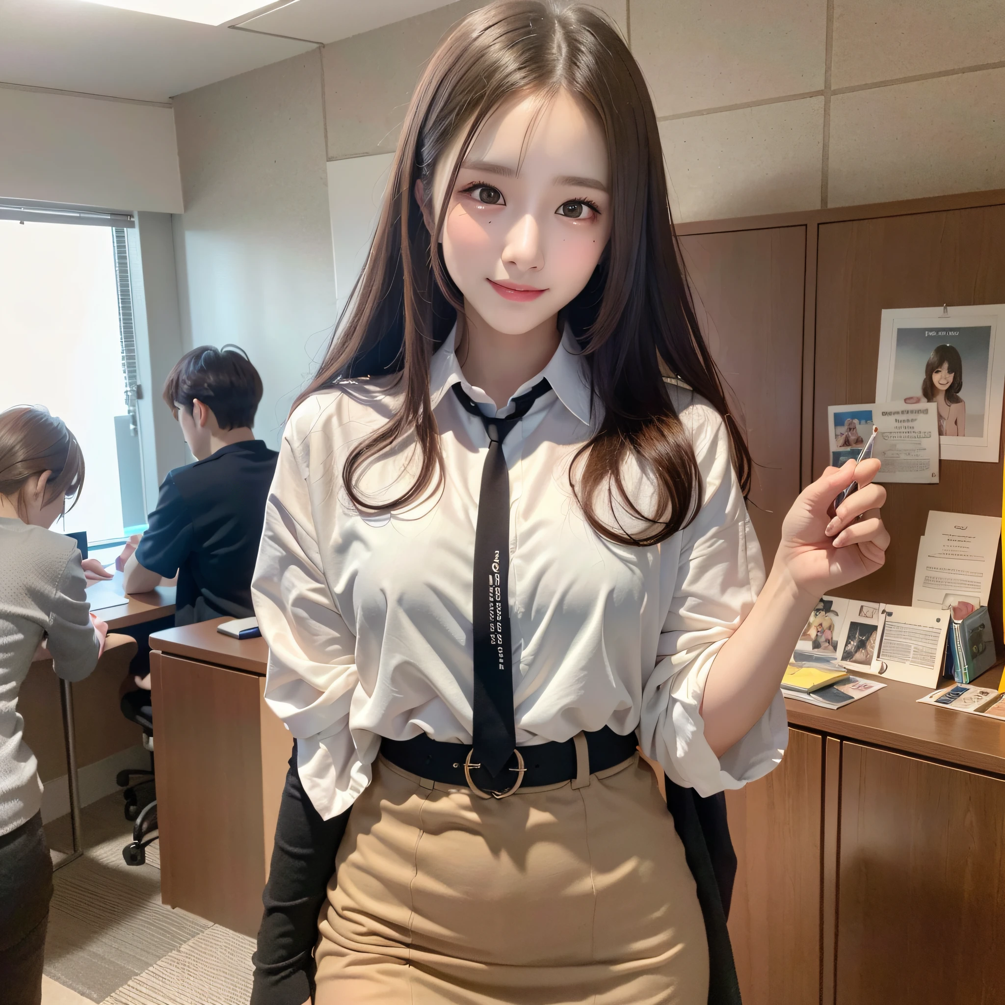 (Highest Quality, hyper-realistic, Super dense, very detailed illustration, Best image quality:1.4, very detailed illustration), (office):1.3, (White ruffled shirt, black pencilSkirt), (1woman:1.3, solo), (cowboy shot:1.3), (Model-like body shape), white skin, (layered hair), (dark brown hair), (Japanese, 18-year-old woman), (smiling:0.8),