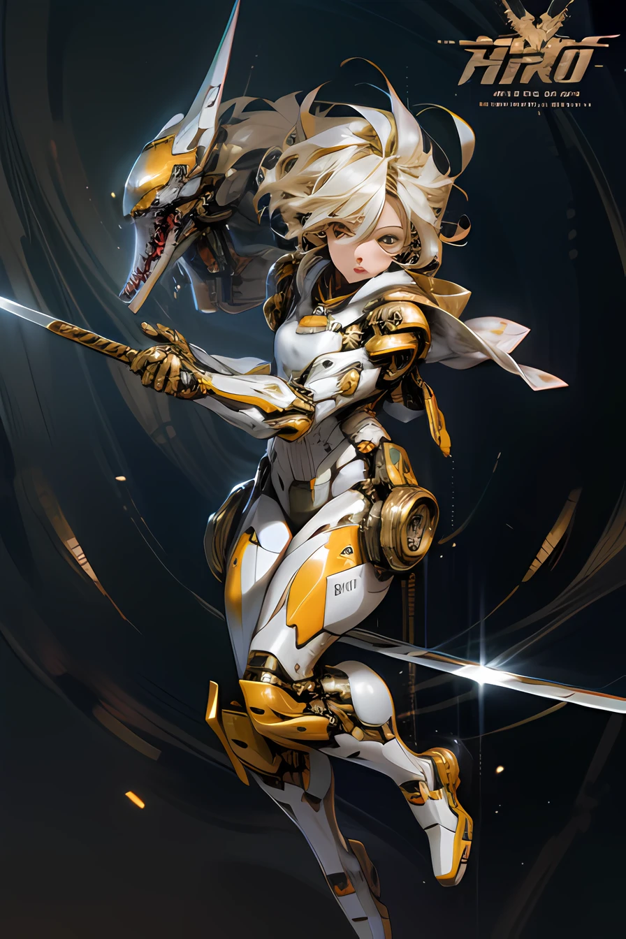 High Quality, Ultra High Resolution, Ultra Realistic, Super Detailed, Robot, Humanoid, Slim, beautiful, 1girl, yellow hair, short hair, Full Face, Full Body, female, Metallic, Metallic, Luxury, Metallic, One Japan Sword, One