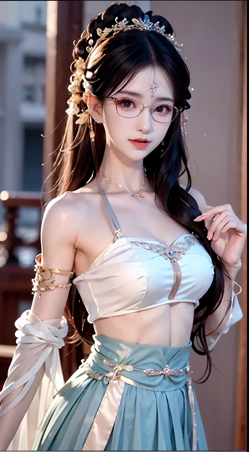 Asians，Beautuful Women，Light smile，White skin，big breasts exposed cleavage，tmasterpiece，Need，with a good figure，Green hair，high qulity，hentail realism，long whitr hair，Parted bangs，Textured skin，Pornography，The kinky is exposed，white under lingerie，transparent glasses，Green hair，By bangs