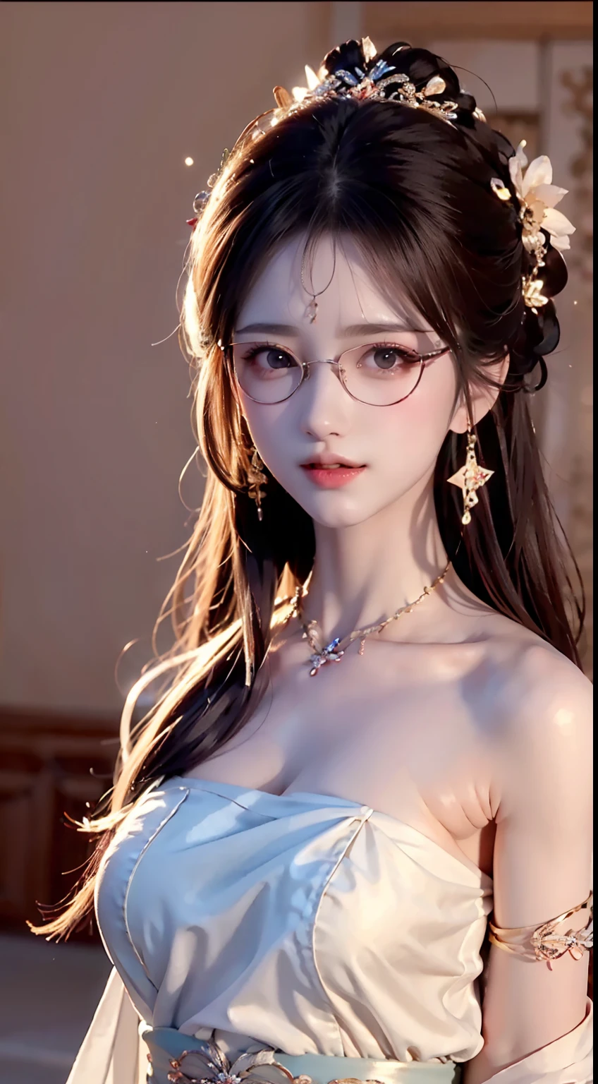 masterpiece, best quality, illustration, (dynamic lighting:1.2), cinematic lighting, reflection, delicate facial features, detailed eyes, ultra-detailed eyes, sharp pupils, star-shaped pupils, realistic pupils, depth of field, bokeh, glitter, glitter, glistening, sharp focus, (hyper-detailed, bloom, glow:1.4), exceptional beauty, alluring face, cute look, multicolored hair, pink hair, shining hair, red hair strands, ponytail, (ponytail:1.4), high ponytail, enchanting purple eyes, two-tone colored eyes, blue eyes, shiny, sparkle, sparkling, eyeglasses, (eyeglasses:1.2), eye wear, elegance, red chinese traditional clothes, red chinese long dress with dragon pattern, golden pattern, gold, gold ornaments, chinese style, dragon, delicate features, 1girl, solo focus, medium full shot, white skin, intense bright, absurdres, high-res, ultra-detailed, large breasts, huge breasts, perfect breasts, hair ornaments, earrings, accessories, jewelry, perfect arms, perfect hands, perfect fingers, perfect body, perfect, beautiful body, blushing, smiling, angelic, lunar, new year, lunar new year background, dragon, fireworks, night market background, lantern, expert shading, extreme light effects, intense bright, glare, sharp eyelash, red lips, dynamic pose, collarbone, detailed collarbone, off shoulder, bare shoulder, perfect shoulder, perfect neck, bare shoulders, perfect shoulders, collarbone, detailed collarbone, cleavage, cleavage cutout, deep cleavage, no strap, strapless, bare arms, maximum exposure, exposed body, exposed midriff, exposed belly, exposed waist, exposed hip, sleeveless, no sleeves, nude, no clothes, completely nude, topless, bottomless, full nude, bare breasts, exposed breasts, fully undressed, girl undressed, clothes removed, completely naked breasts, exposed crotch, bare crotch, crotch cutout, crotchless clothes
