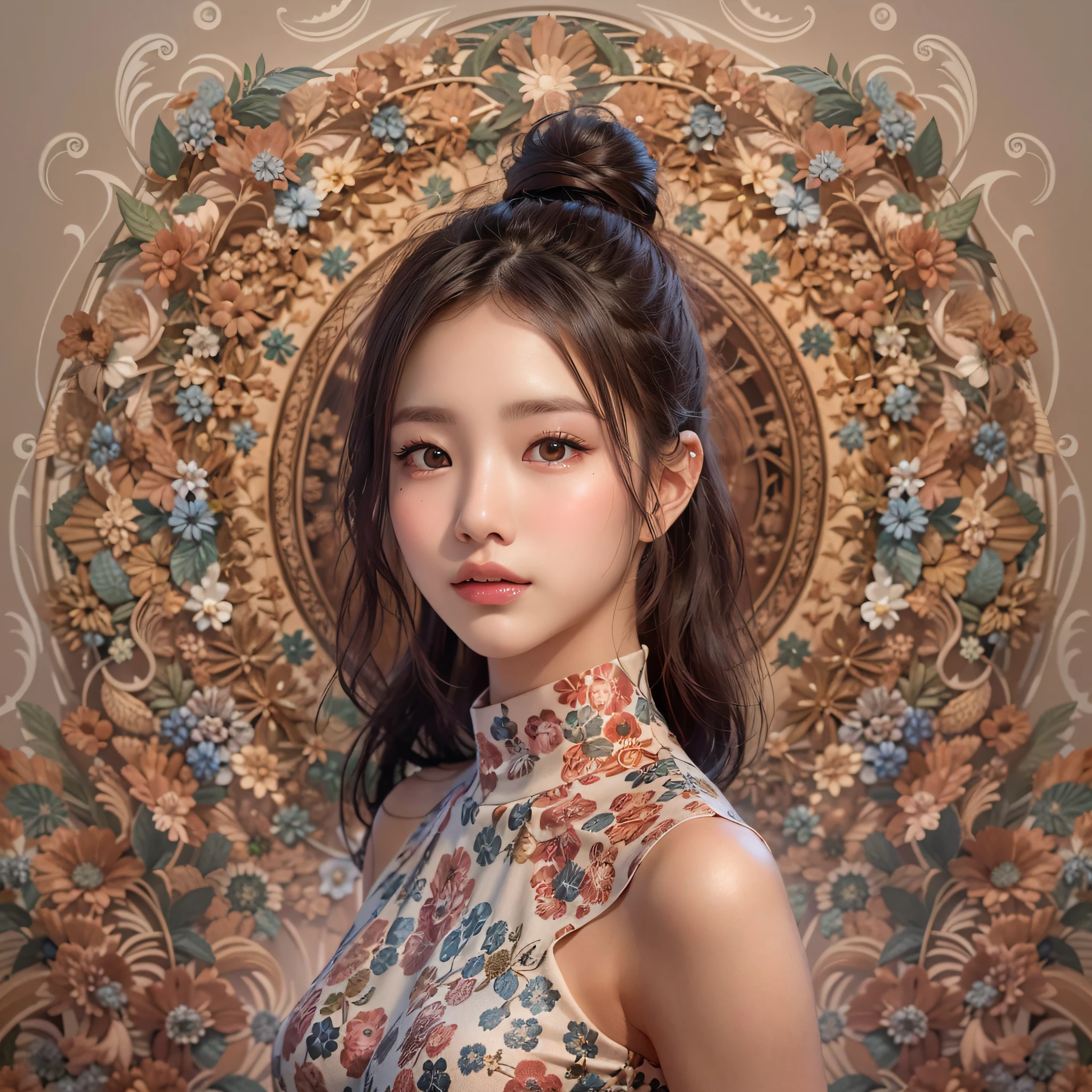 (Background, symmetrical, Compositions with coloful geometric arabesque patterns):1.3, (side-ponytail-hair, dark brown hair), (top-quality, Photorealsitic:1.4, masterpiece:1.3, RAW Photography:1.2, cinematric light, very detailed illustration), (1woman:1.3, solo), (asian girl, ultra delicate face, ultra Beautiful fece, ultra delicate eyes, ultra detailed nouse, ultra detailed mouth, ultra detailed facial features), petite woman, (V-neckTThe shirt:1.3, a miniskirt), (medium breast:1.3), from the front side, skiny, lipgloss, Show cleavage