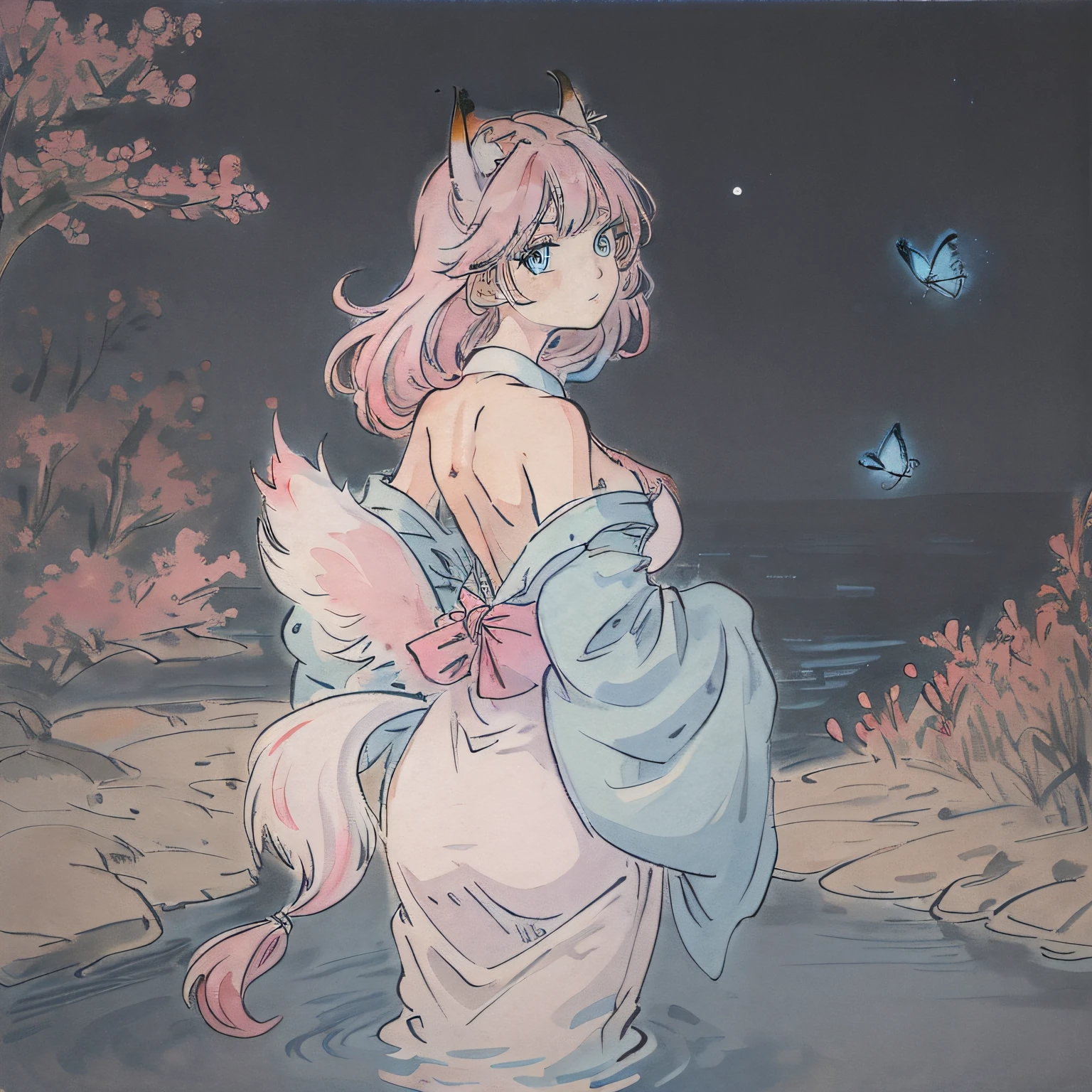 original, (masterpiece), (illustration), (extremely fine and beautiful), (perfect details), (unity CG 8K wallpaper:1.05), (beautiful and clear background:1.25), (depth of field:0.7), (1 cute girl with (2 fox ear:0.9) and (fox tail on the back:1.2) stands aside the river:1.15). (cute:1.3), (detailed beautiful eyes:1.3), (beautiful face:1.3), silver hair, silver ear, (pink hair:0.7), (pink ear:0.7), long hair, (japanese kimomo:1.25), (hair blowing with the wind:1.1), (blue eye:1.1), (little girl:1.1), butterflys flying around, (moon light:0.6), tree, (summer), (night:1.2), (close-up:0.35), (gloves:0.8), solo
It started with some common quality terms,The next is the main body of the picture(Fox-eared maiden),Finally, specify the various elements。(Pink Hair is not obvious, but it can significantly improve the color temperature performance of the overall picture,Change to blue hair to get a pretty blue picture)