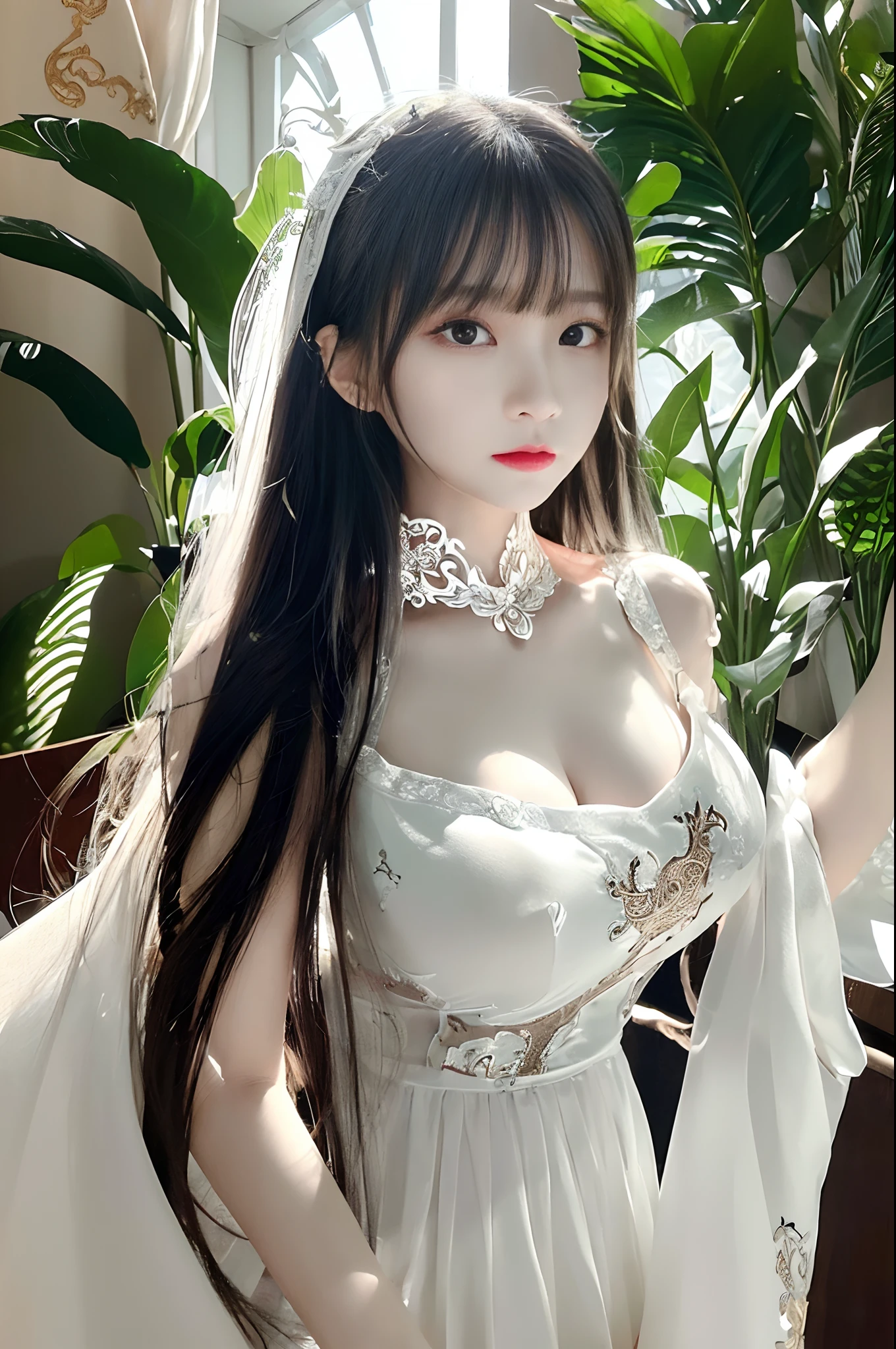 (bestquality、A masterpie:1.2)、Ultra High Res、lifelike、Front lighting、with intricate details、Exquisite details and textures、1girl、solo、(young)、Facial Highlights、fulllllbody、Detailed face、Teardrop mole、White Skin、Silver hair、ponytails、Braid hair、Watch your audience、s big eyes、Silk robes、(Hollow pattern、WHITE、silk)、ear ring、tiny breasts、Slim body、Luxurious room、professional Lighting、Photon mapping、 Radiosity、physically based rendering、(((pull up skirt、White lace panties visible))