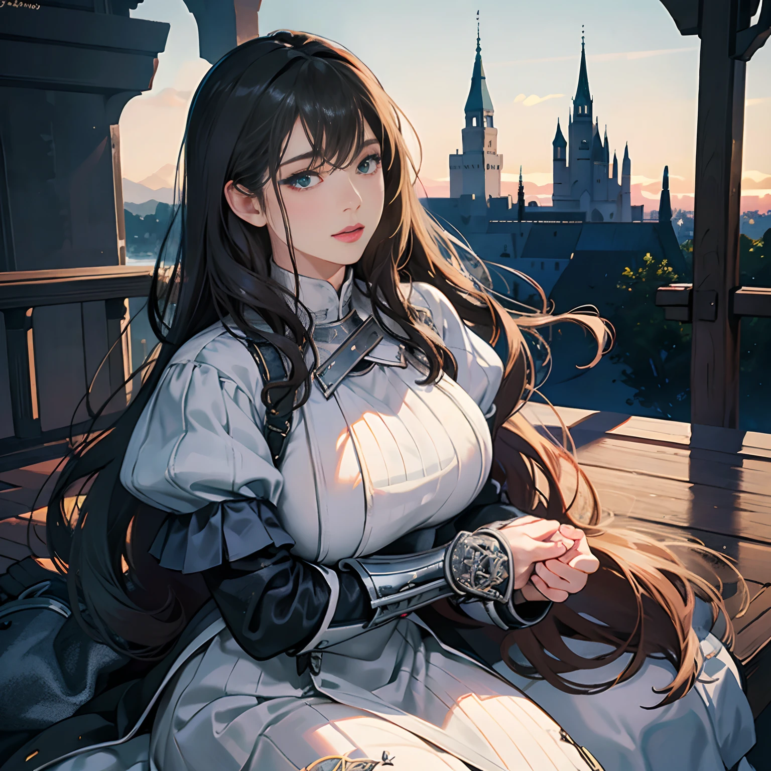 Women in Their 20s, Fantasia、offcial art, unity 8k wall paper, ultra-detailliert, beautifly、Aesthetic, ​masterpiece, top-quality, Photorealsitic, Castle Guard、Full Armor Knight:2.0、Black-silver armor、Black-silver breastplate、Knights、A dark-haired、bluish green eyes、Braided hair、Braids:1.5、depth of fields, Fantastic atmosphere, Calm palette, tranquil mood, Soft shading、Castle Gate、Rampart、Beautiful Landscapes、bbw、very large breast、plump figure