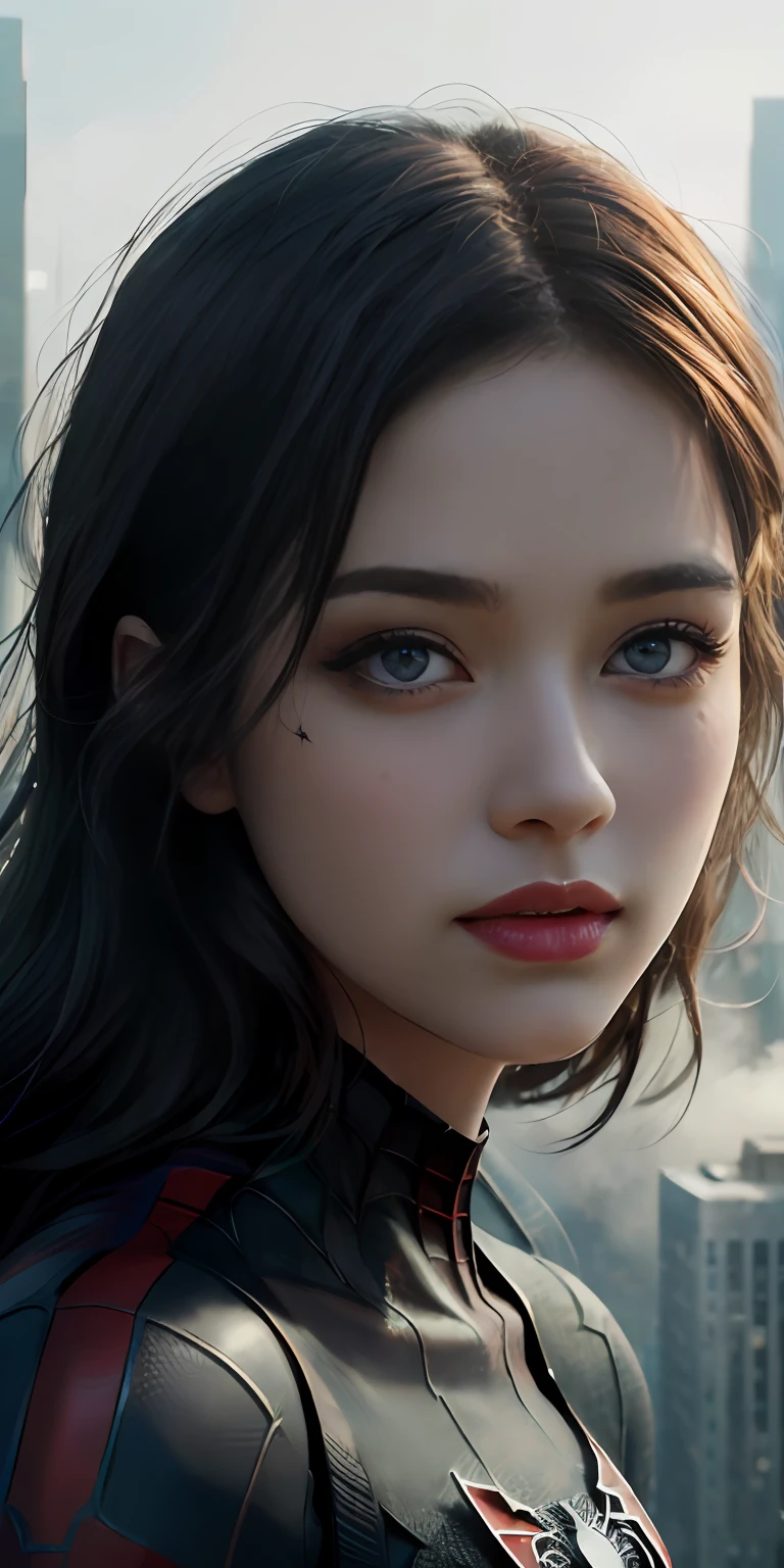 (1girl:1.3), Solo, (((Very detailed face)))), ((Very detailed eyes and face)))), Beautiful detail eyes, Body parts__, Official art, Unified 8k wallpaper, Super detailed, beautiful and beautiful, beautiful, masterpiece, best quality, original, masterpiece, super fine photo, best quality, super high resolution, realistic realism, sunlight, full body portrait, amazing beauty, dynamic pose, delicate face, vibrant eyes, (from the front), She wears Spider-Man suit, red and black color scheme, spider, very detailed city roof background, rooftop, overlooking the city, detailed face, detailed complex busy background, messy, gorgeous, milky white, highly detailed skin, realistic skin details, visible pores, clear focus, volumetric fog, 8k uhd, DSLR, high quality, film grain, fair skin, photo realism, lomography, futuristic dystopian megalopolis, translucent