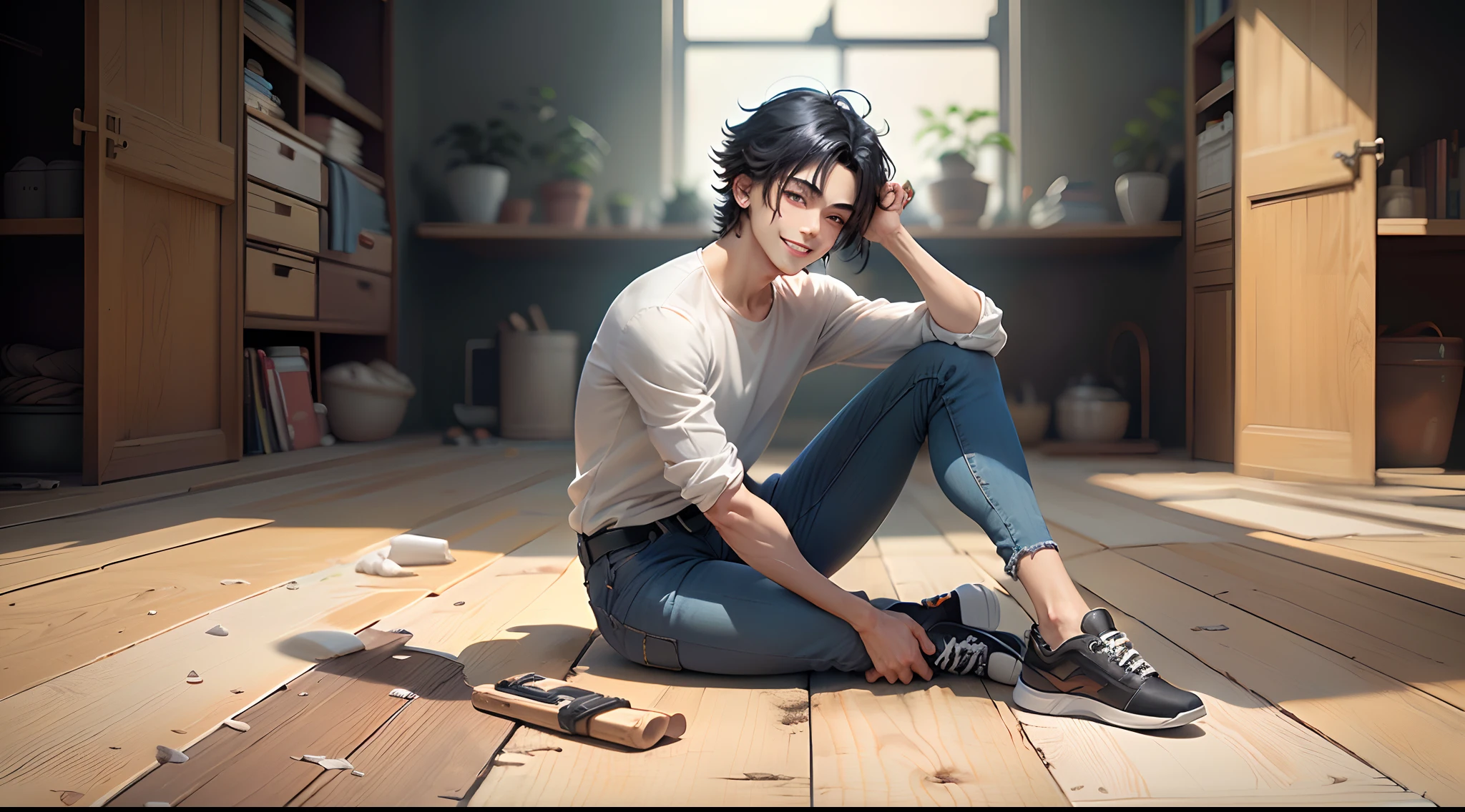 Anime male Black hair, honey colored eyes, Caucasian skin, medium toned build, wearing a white shirt, blue jeans and black shoes, happy expression