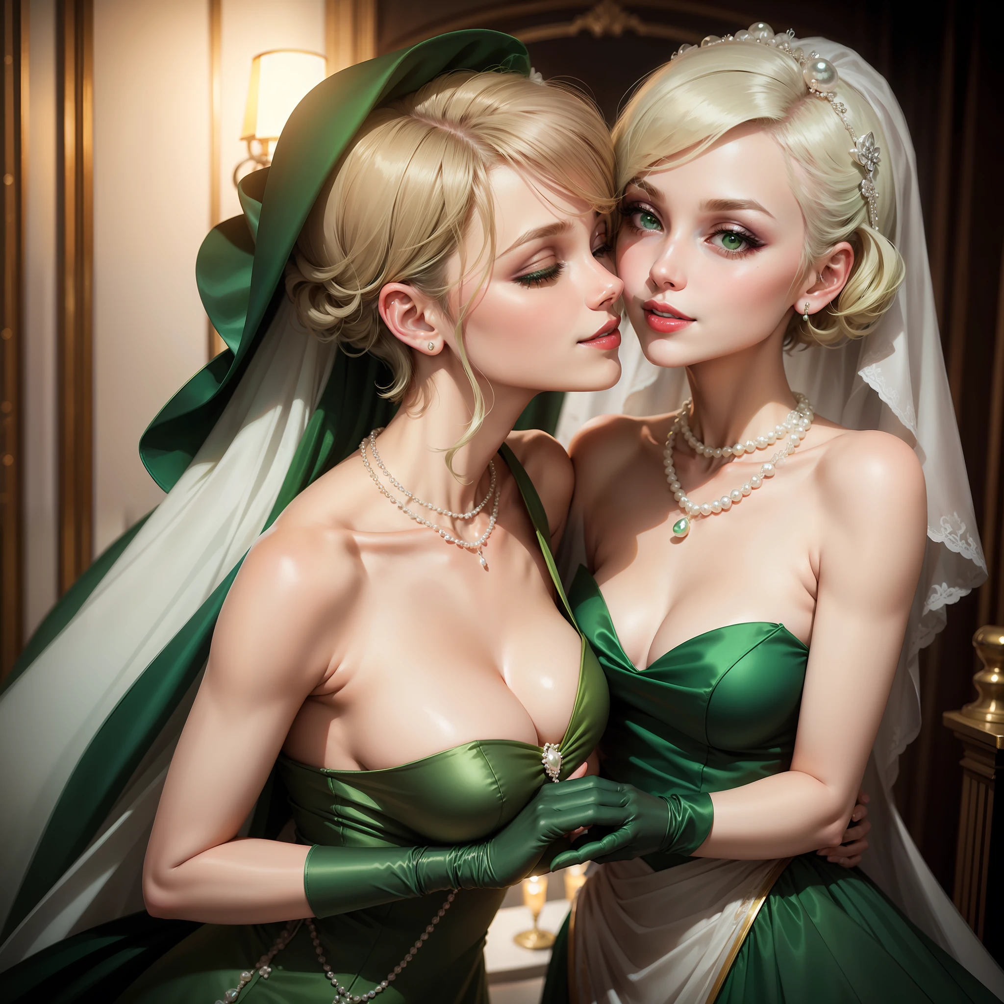 Pearl Necklace, Green long gloves, lipsticks, Shorthair, satin, Green dress, bride, the kiss, a smile