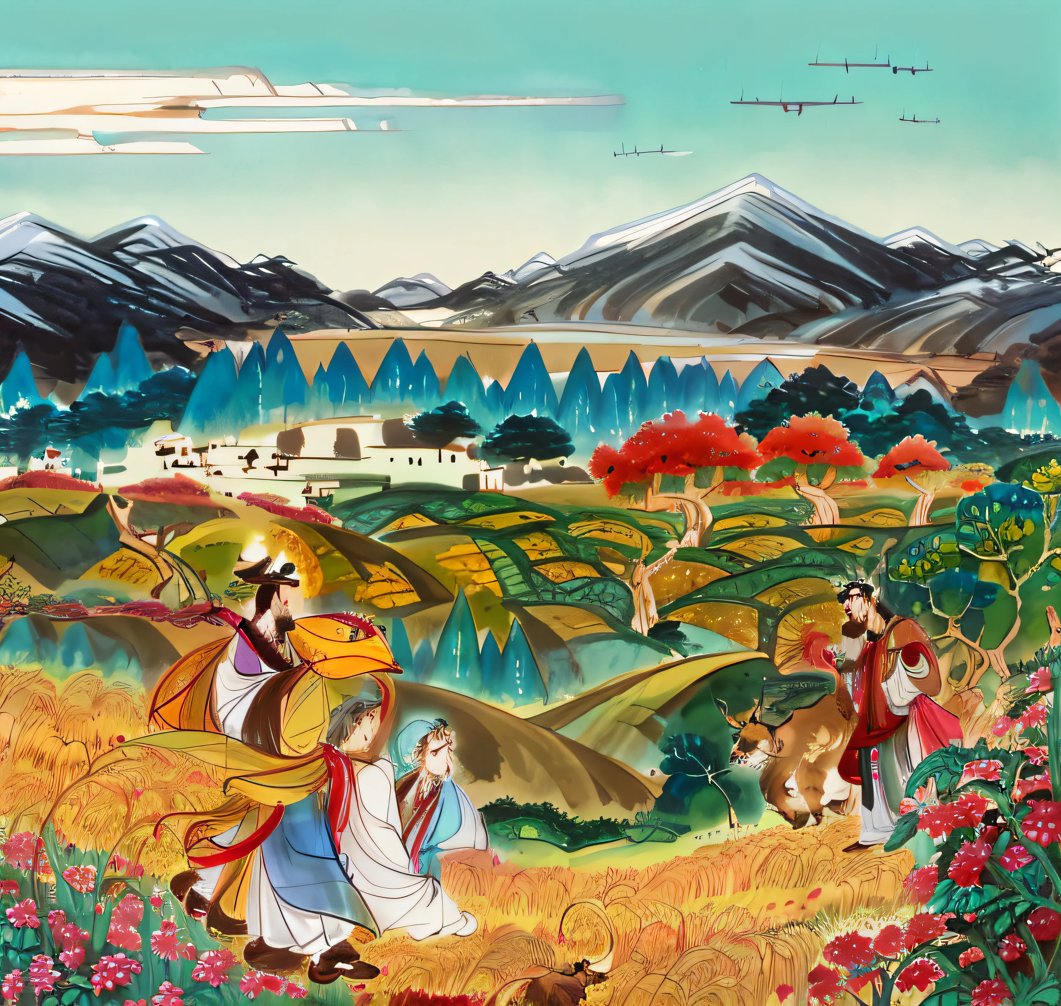 There are a lot of people walking in the fields, persian folklore illustration, persian folktale art style, author：Sohrab Sepehri, persian folktale art style, genzoman, persian folkore artstyle, persian folkore illustration, full-colour illustration, A beautiful artwork illustration, folkloric illustration, author：Abdullah Al Gulguli, Official illustration