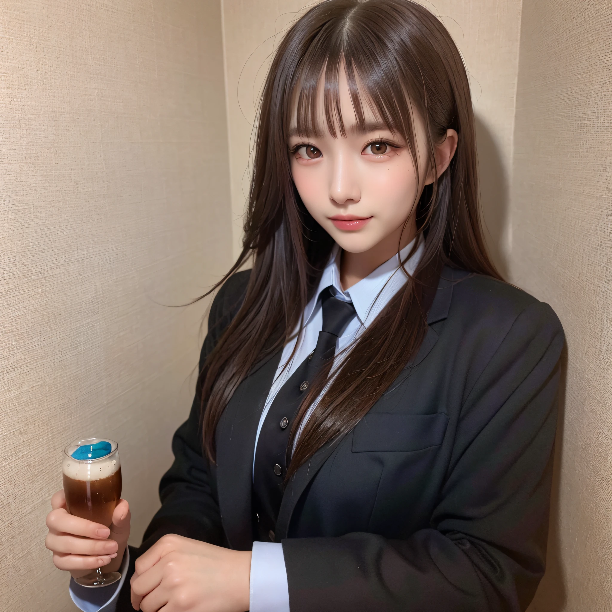 (Highest Quality, hyper-realistic, Super dense, very detailed illustration, Best image quality:1.4, very detailed illustration), (office):1.3, (black Business suits, Black tie), (1woman:1.3, solo), (cowboy shot:1.3), (Model-like body shape), white skin, (layered hair), (dark brown hair), (Japanese, 18-year-old woman), (smiling:0.8),