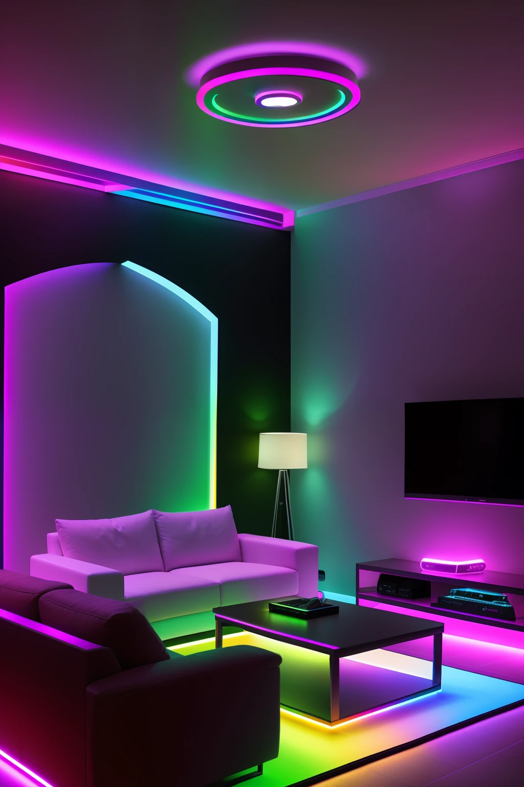 interior living room, rainbow lighting, colored lighting, volumetric rainbow lighting, Colorful lighting, rgb gamer toilet, led light strips, Dramatic colored lighting, Colourful lighting, Colored indicators, Dramatic colored lights, RGB lighting, Luminous interior lighting, rgb led lights, Cheerful ambient lighting, extremely luminous bright design, rgb ethereal lighting