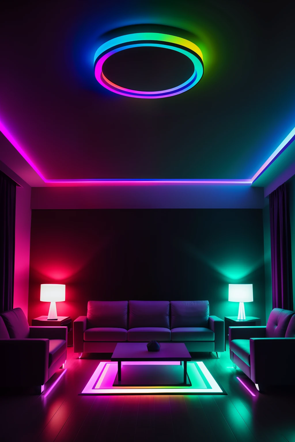 interior living room, rainbow lighting, colored lighting, volumetric rainbow lighting, Colorful lighting, rgb gamer toilet, led light strips, Dramatic colored lighting, Colourful lighting, Colored indicators, Dramatic colored lights, RGB lighting, Luminous interior lighting, rgb led lights, Cheerful ambient lighting, extremely luminous bright design, rgb ethereal lighting
