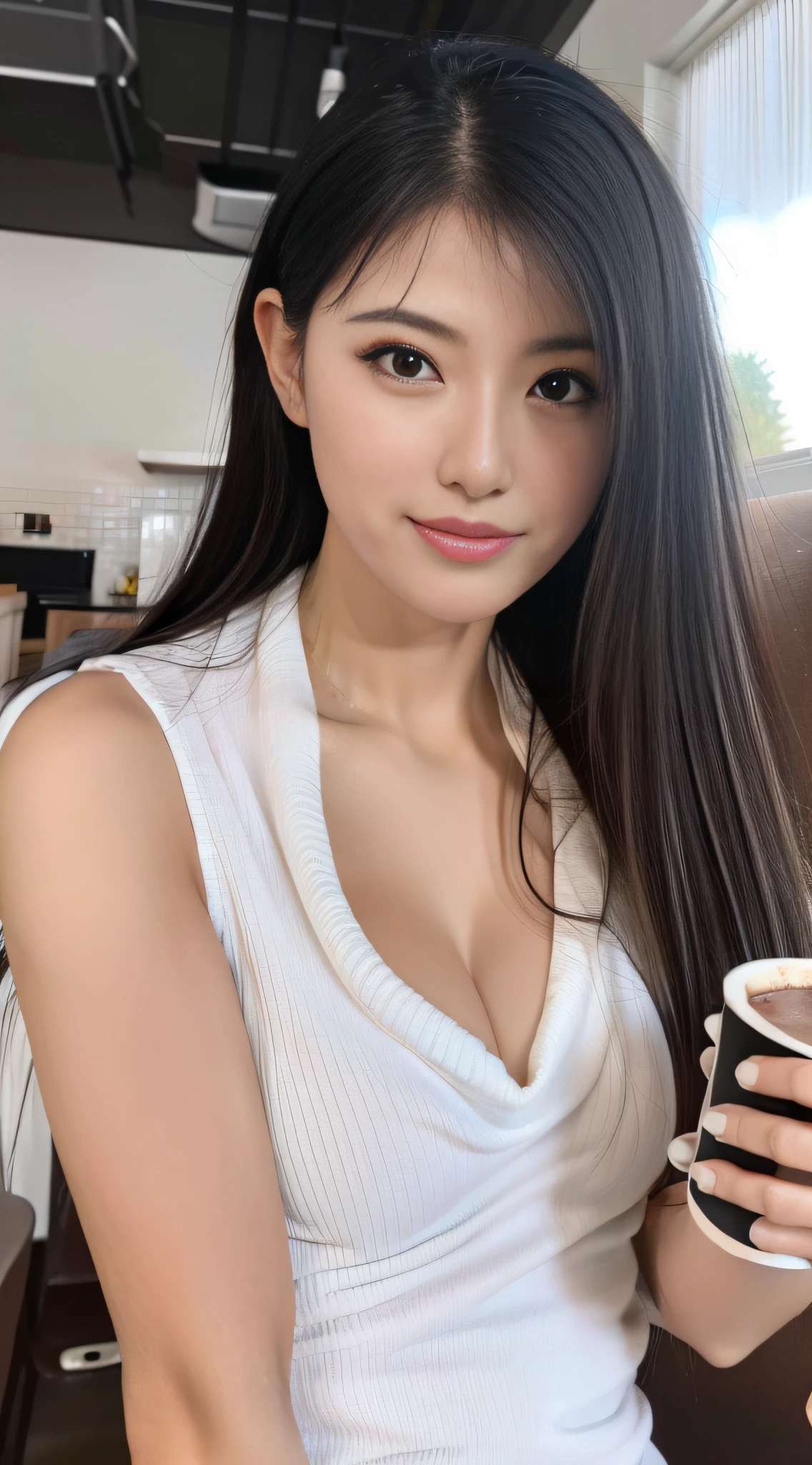 An ultra-high picture quality、Photo Quality、8K、32K、Beauty alone、cafes、Coffee drinking profile、Anatomically correct limbs、Correct fingers、White mug、Relax at the table、Holding the mug with both hands