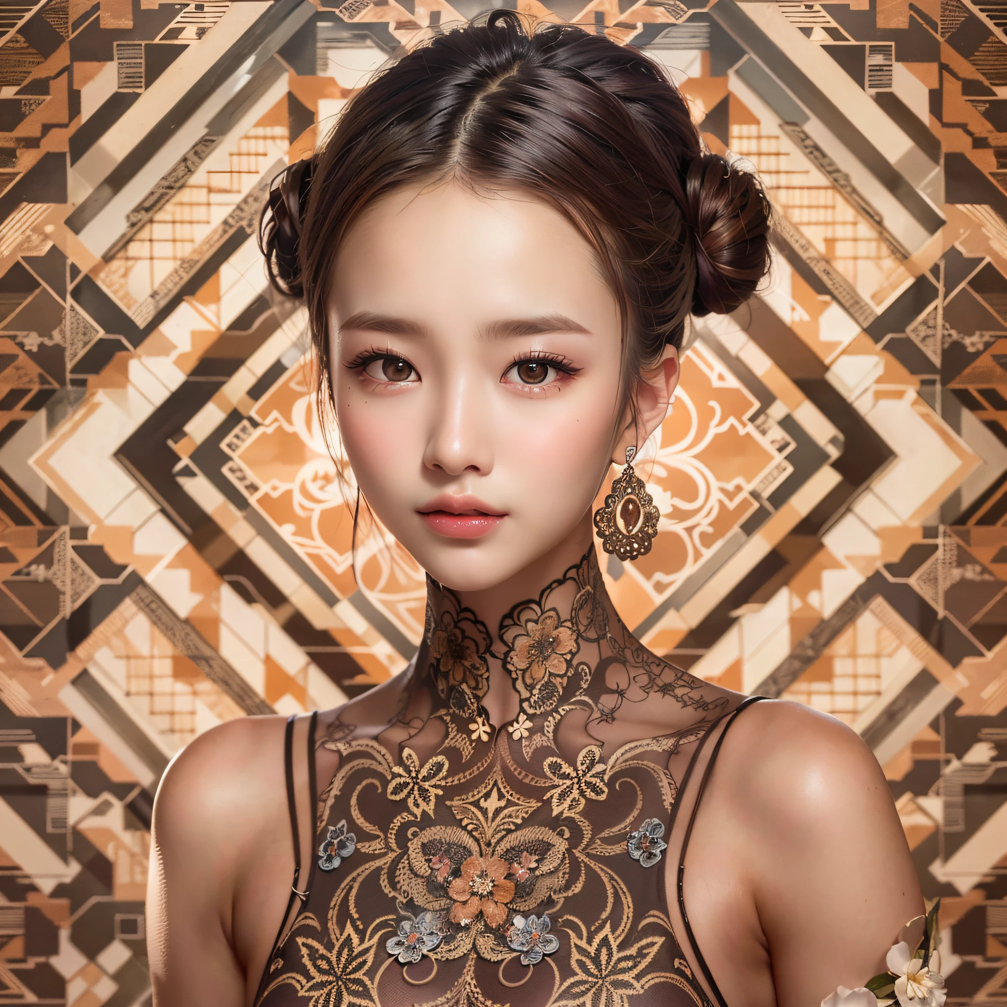 (Background, symmetrical, Compositions with coloful geometric arabesque patterns):1.3,  (Bun hair, dark brown hair), (top-quality, Photorealsitic:1.4, masterpiece:1.3, RAW Photography:1.2, cinematric light, very detailed illustration), (1woman:1.3, solo), (asian girl, ultra delicate face, ultra Beautiful fece, ultra delicate eyes, ultra detailed nouse, ultra detailed mouth, ultra detailed facial features), (camisole),  (medium breast:1.3), from the front side, A slender, lipgloss