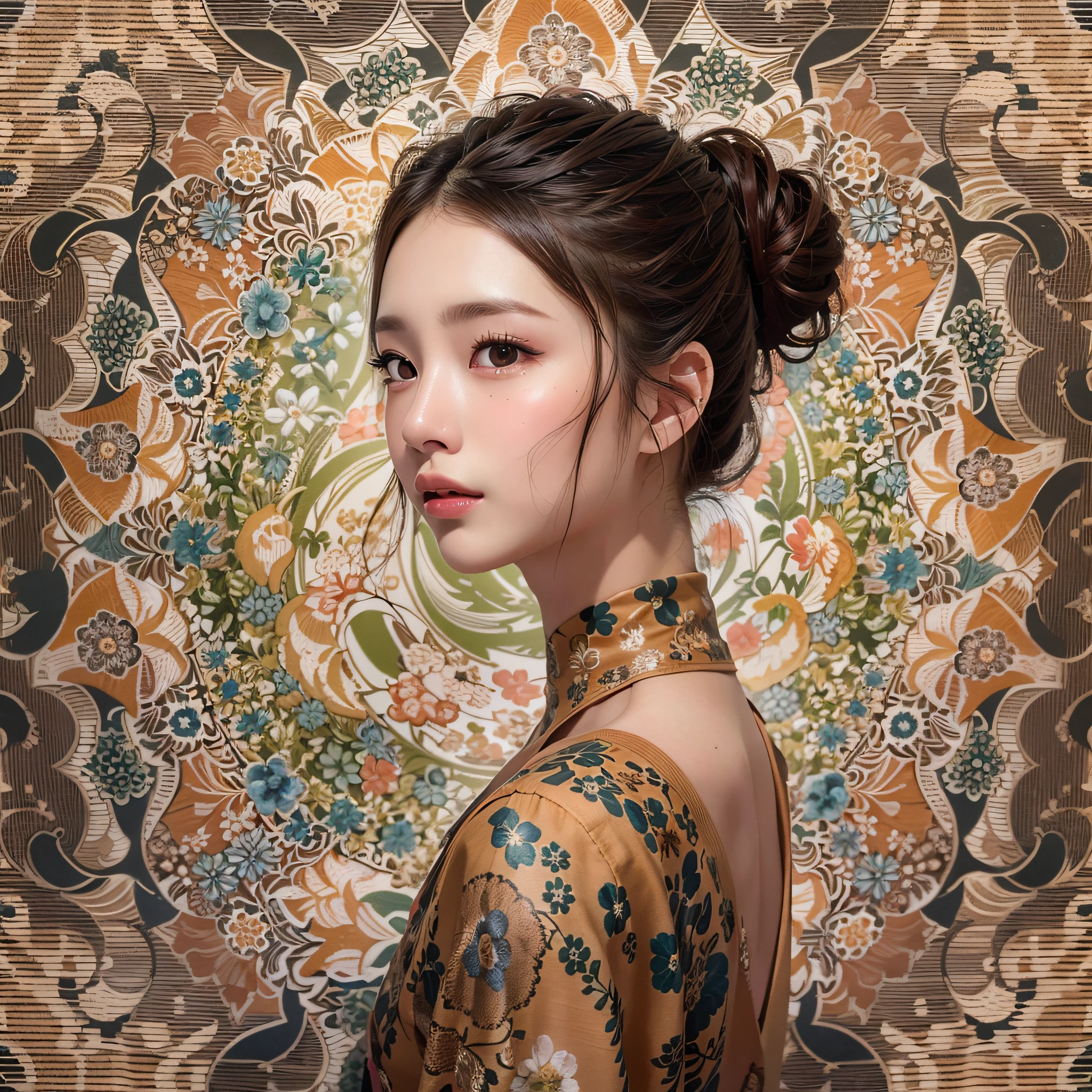 (Background, symmetrical, Compositions with coloful geometric arabesque patterns):1.3,  (Bun hair, dark brown hair), (top-quality, Photorealsitic:1.4, masterpiece:1.3, RAW Photography:1.2, cinematric light, very detailed illustration), (1woman:1.3, solo), (asian girl, ultra delicate face, ultra Beautiful fece, ultra delicate eyes, ultra detailed nouse, ultra detailed mouth, ultra detailed facial features), (camisole),  (medium breast:1.3), from the front side, A slender, lipgloss