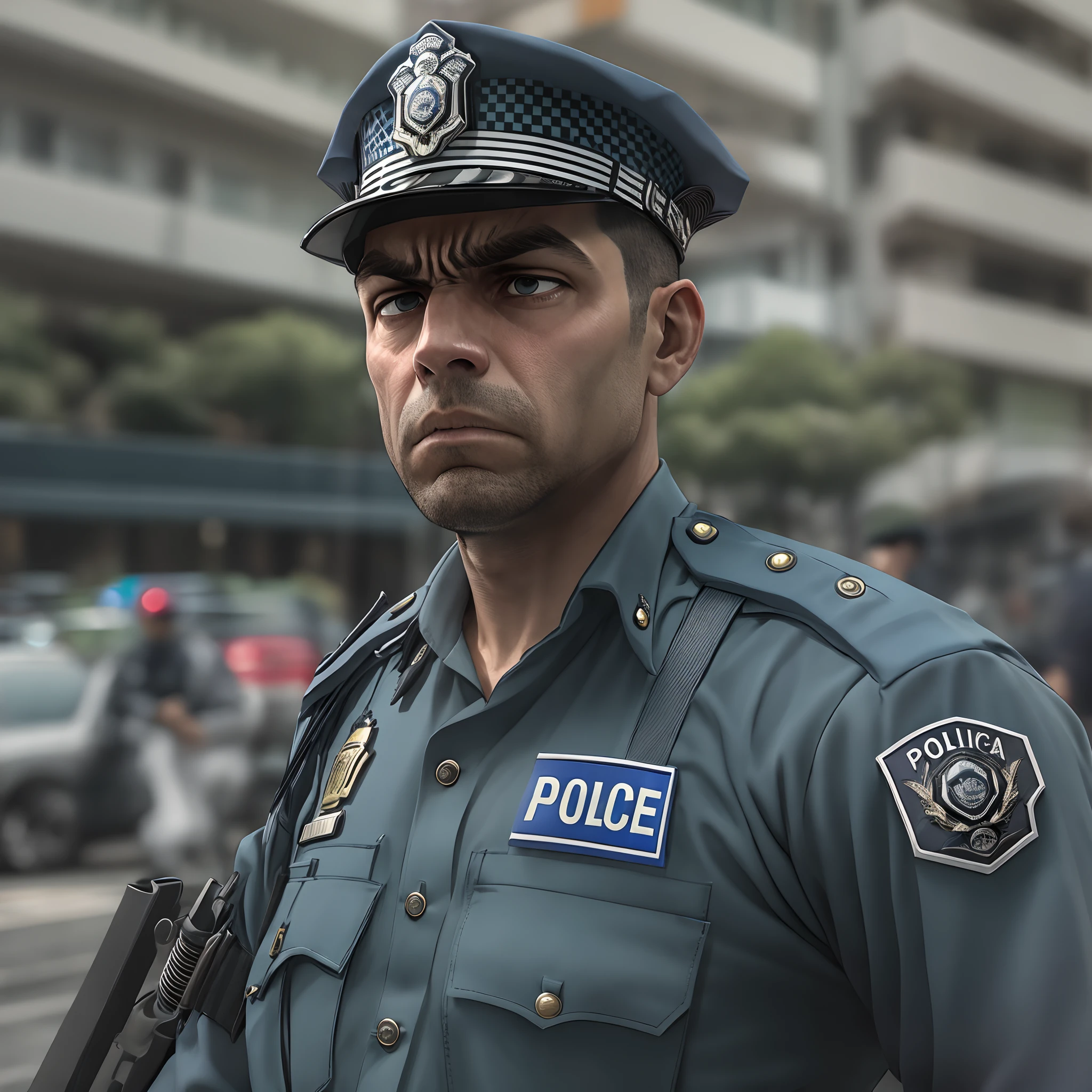 São Paulo city police officer with a look of anger and hands in his pockets.