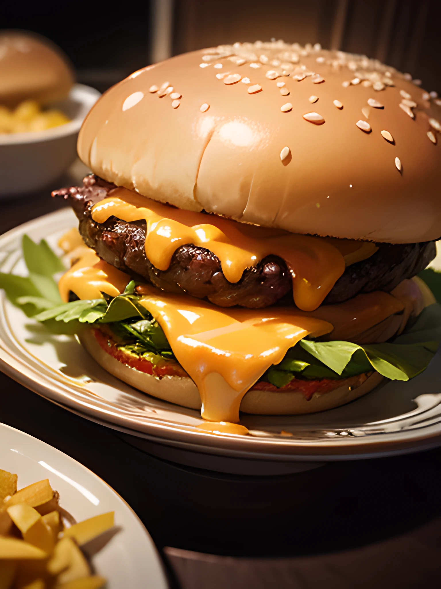 (masterpiece), (best quality), beautiful (illustration) of a juicy burger, tasty, hot, [melted] cheese, intricate details, hdr, cinematic light, adobe lightroom, highly detailed