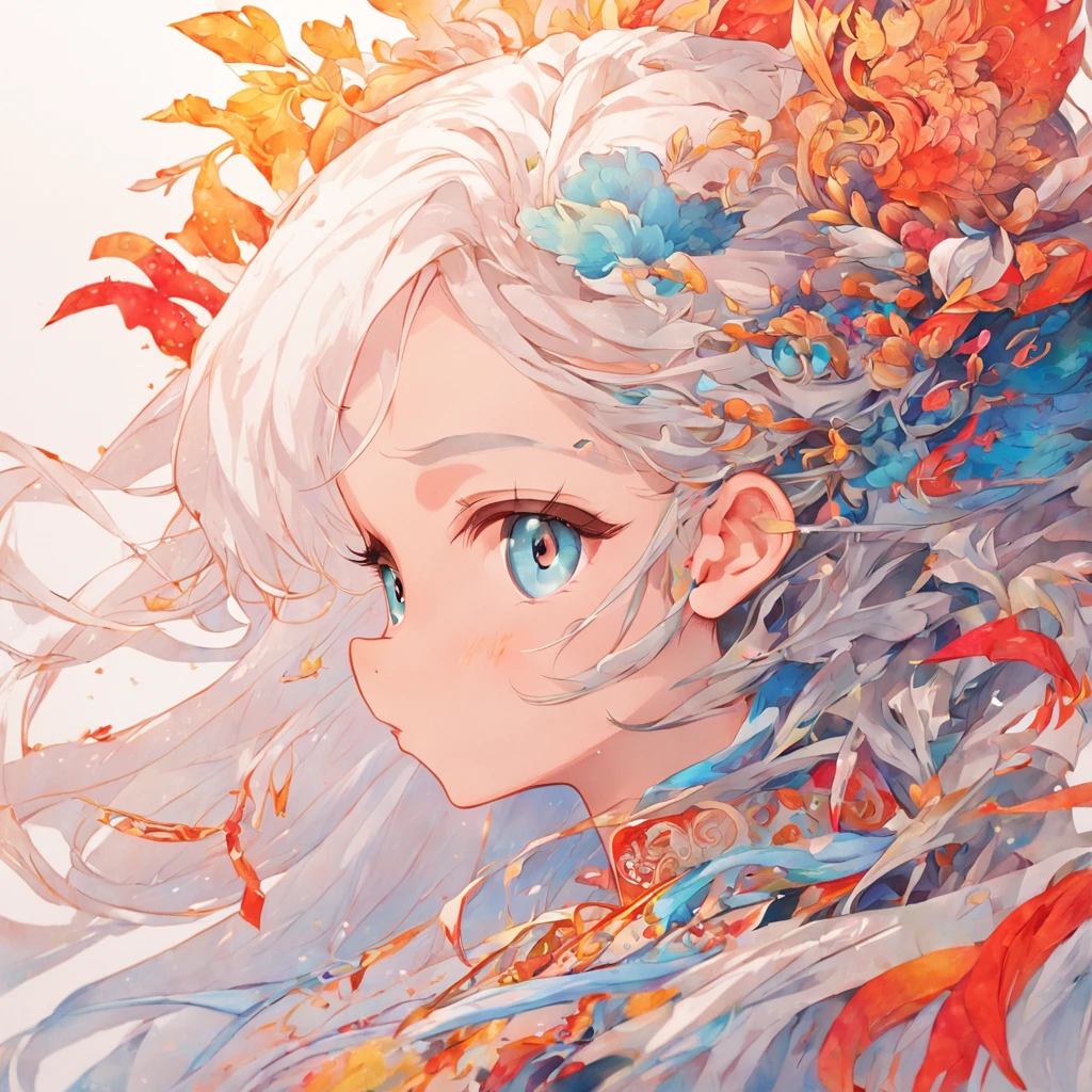 (White background:1.4),(Silhouette of a girl's head, Eyes closed, colorfull long hair, Oriental elements),(Chinese illustration:1.3,paper art:1.3, Quilted paper art:1.2),( reasonable design, Clear lines, High sharpness,Best quality, Very detailed, Masterpiece, movie light effect, 4K )