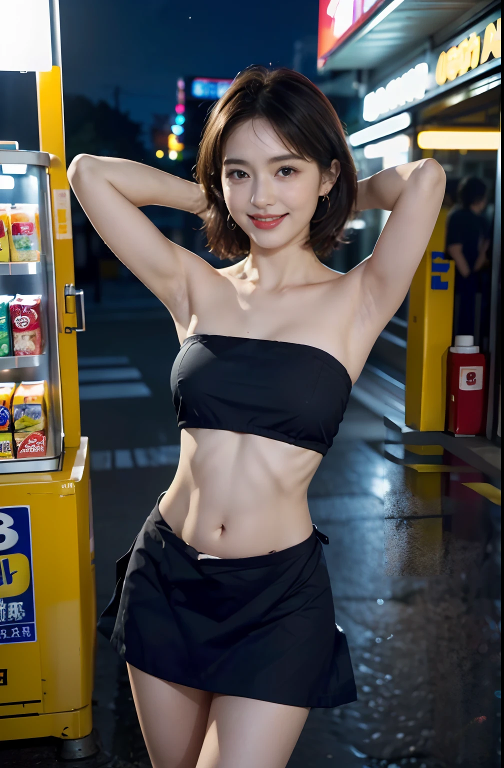 ((Show underarms、A hyper-realistic、Armpit、Detailed armpit wrinkles、Detailed armpit pores、Realistic armpit skin、Black armpit skin、Black armpits、The whole body towards the viewer、Show both armpits、White sexy panties with very small strings on both sides、In front of the convenience store in the middle of the night、Stand in front of a convenience store at night、The armpits are brightly lit、The whole body is brightly lit), (illustratio), (hight resolution)), (8K), (ighly detailed), (The best illustrations), (armpit pose、beatiful detailed eyes), (top-quality), (ultra-detailliert), (masterpiece), (wall-paper), (详细的脸), (Inside a convenience store in the middle of the night、Inside the convenience store、Stand in front of the cash register、Brightly lit armpits、A smile、red lipsticks)、((40 years、Bright red lipstick、femele,Show realistic armpits、Brown hair,short-hair,((Woman in dark blue short high neck sleeveless sweater and white small sexy panties、Show the navel)), japanes,