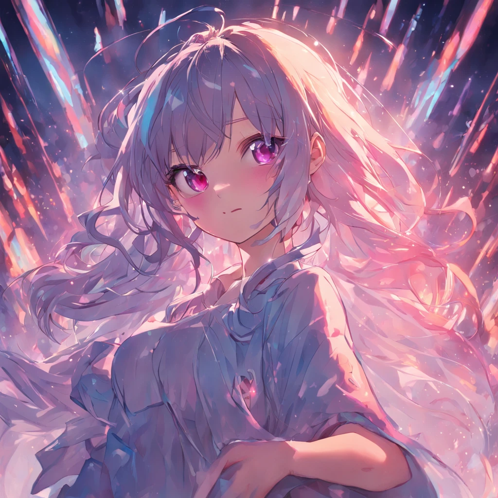 {{Masterpiece}},Best quality at best,Very detailed CG unity 8K wallpaper,Sweet girl,The upper part of the body,Cover your hands,Bigchest,电影灯光,lens flare glow,beatiful detailed eyes,The color hair,Colorful light,particulate,(a color:1.5),(The color hair:1.5),perfect bodies,Perfect face,fashionable attire,clothes see-through,There is light in the eyes,Colored shiny spots,Sharp eyes,Smile sweetly,Blushlush,Beautiful face,perfect bodies
