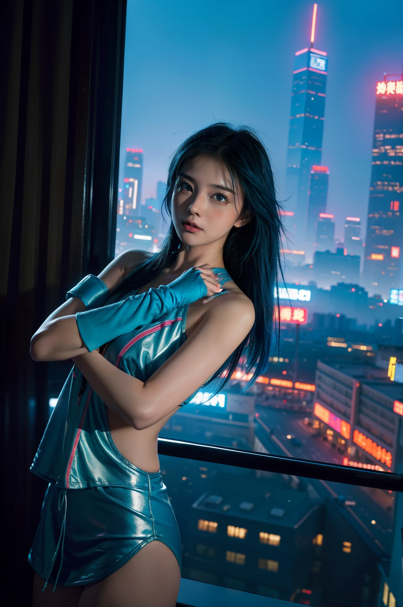 (Masterpiece), Best quality, 超高分辨率,Little girl, cyberpunk 1girl flying above stunning cityscape ,Hoodie,Blue hair, neon color shooting stars, Very long hair, cropped shoulders, feathers hair ornament, Neon colors, Twinkle, stunning night sky, Cinematic lighting, Photorealistic, Realistic skin, hdr,fish eye