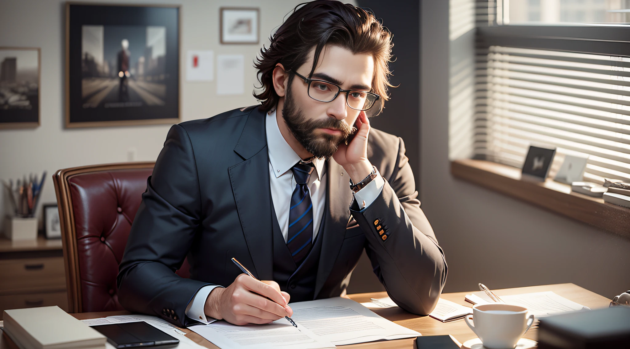 Create an ultra realistic image image in high quality real image a man in stylish suit sitting behind a luxurious office desk holding laptop rich bearded man, luxo, luxuoso, riqueza
