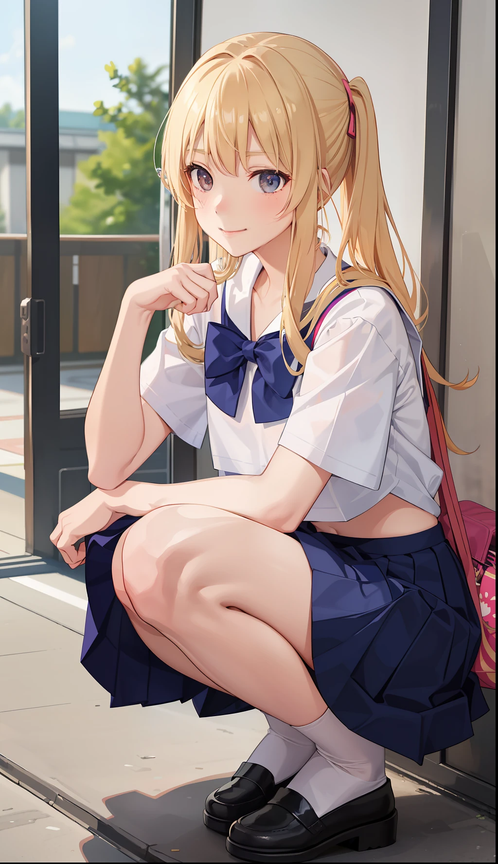 1girl in、A smile、The shirt、skirt by the、（small tits）Chilarism、Japan High School Student Uniform、serafuku、summer clothing、Run briskly、（Sheer Bra）、Upper body portrait、blonde  hair、Squatting panchira、