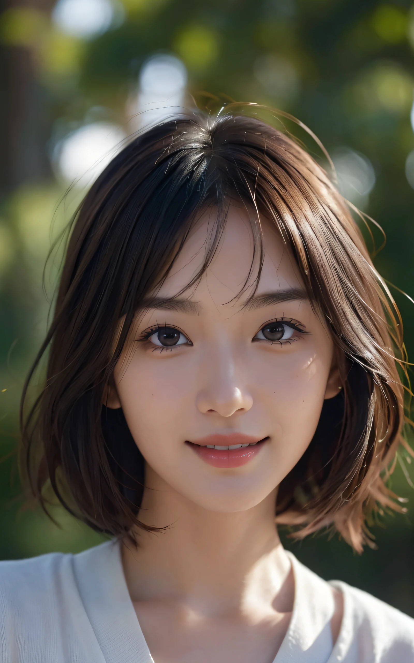 masutepiece, The highest image quality, High quality, Beautiful japanese girl, Cute, Gravure Idol Figure, Detailed, Detailed eyes, Detailed skin, Beautiful skin, Ultra High Resolution, (reality: 1.4),Very beautiful, Slightly younger face, Beautiful skin, slender, (A hyper-realistic), (hight resolution), (8K), (Very detailed) (beautifully detailed eyes), (super detailed), (Wallpaper), (Detailed face), Looking at Viewer, Fine details, Detailed face, Smiling, Sweaters, Pants, Looking straight ahead, Looking straight ahead, angle from waist up, photos realistic, Bright lighting, Professional Lighting, Mature Woman, (Brown hair, Bob Hair, layers-Cut, Swaying in the wind, Bangs),