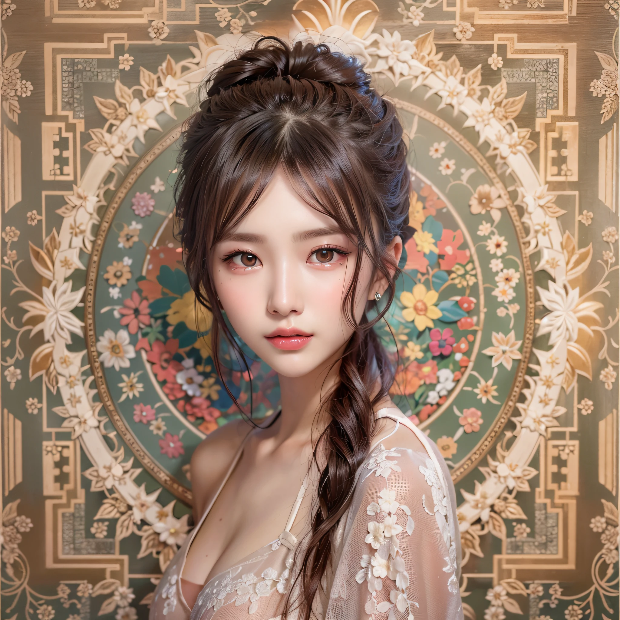 (Background, symmetrical, Compositions with coloful geometric arabesque patterns):1.3,  (Bun hair, dark brown hair), (top-quality, Photorealsitic:1.4, masterpiece:1.3, cinematric light, very detailed illustration), (1woman:1.3, solo), (asian girl, ultra delicate face, ultra Beautiful fece, ultra delicate eyes, ultra detailed nose, ultra detailed mouth, ultra detailed facial features), (overall),  (medium breast:1.3), from the front side, slender body, lipgloss