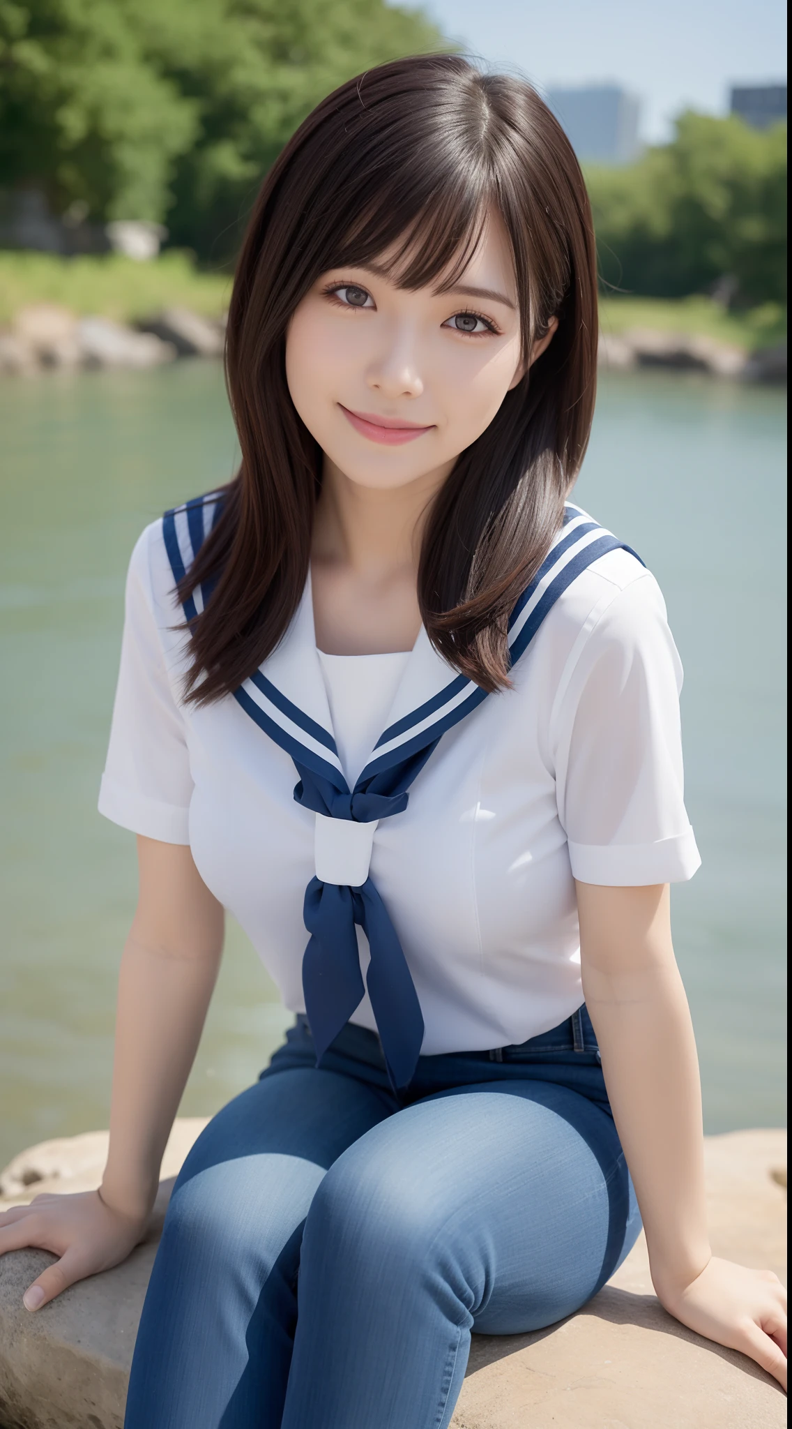 a pregirl，Thirty year old, ssmile, looking at viewert, sailor uniformm,skintight jeans, photore, realisticlying, Best quality at best, employee, 详细的脸, Sitting on a large rock by the river, diffuselighting, depth of fields, Background bokeh