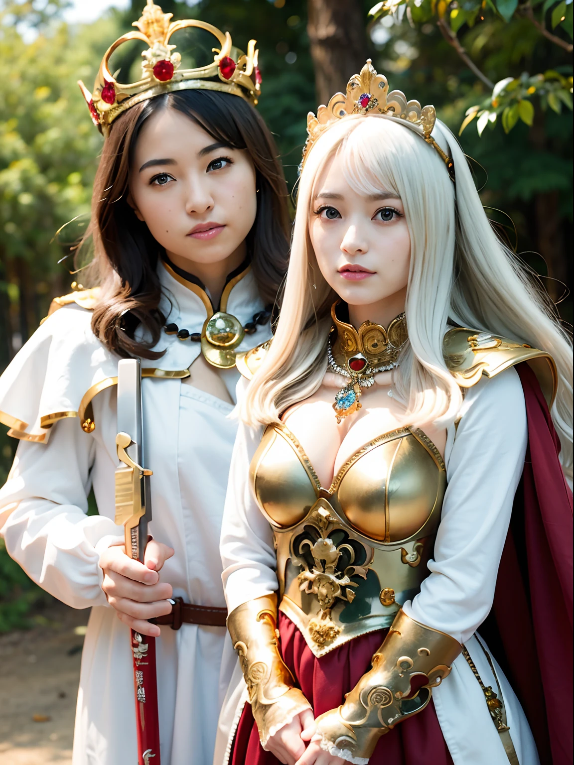 (masutepiece), Professional , masterpiece、top-quality、photos realistic , depth of fields (Gemstone Silver Metal Body:1.9),(Matte White、Jewel Gold Weapon(Jewel Metal Body:1.4),Gorgeous metal weapons , Detailed Sword of the Brave , Beautiful knife ,warhammer 40k , adepta sororitas,Detail and ornate jewel crown、Golden hair、Gangle's forest background、Beautiful Caucasian beauty、1a person、dynamic ungle,(((Detailed and ornate diamond crown)))、Smaller head、A smile、Background inside the castle、Thin and beautiful female hands、cleavage of the breast、Soldier in iron armor on background、Soldier in iron armor on background、Mystical expression、Light Effects、