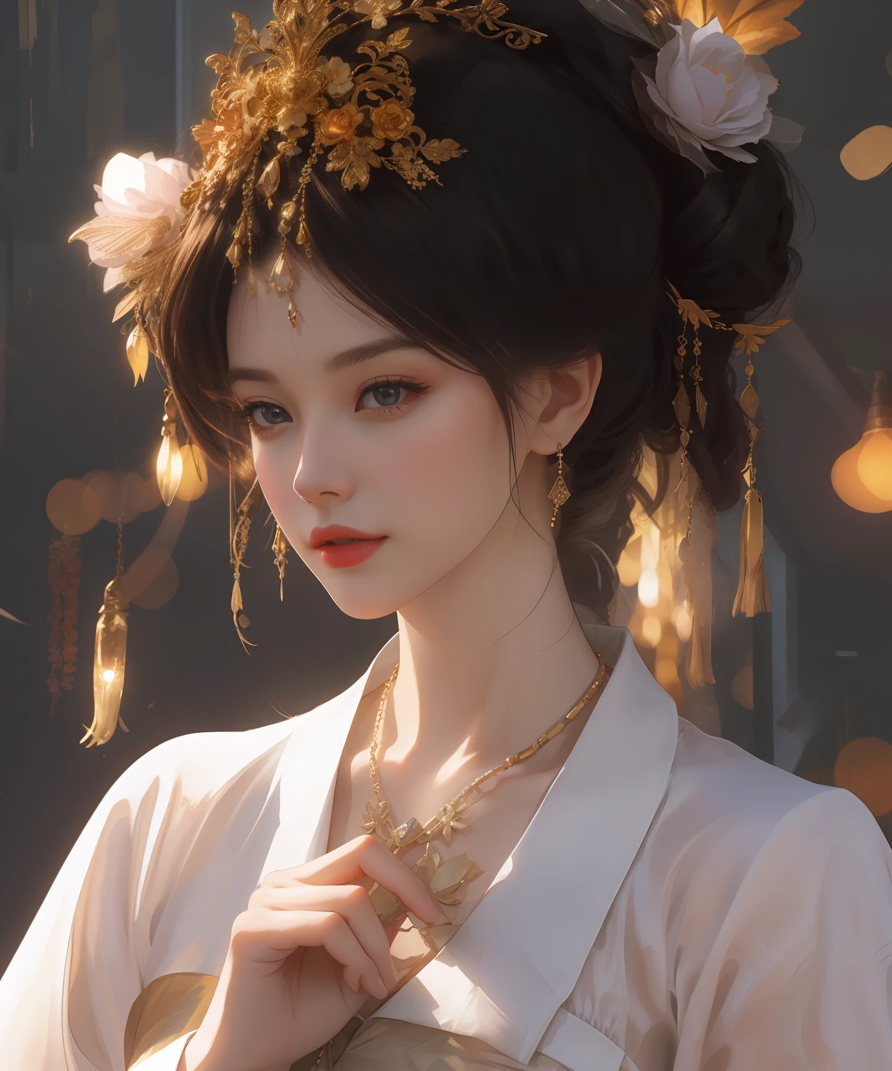 Best Quality, Masterpiece, High Resolution, 1Girl, Porcelain Dress, Fine Hair Accessories, Beautiful Necklace, Fine Jewelry, Beautiful Face, Physical, Tyndall Effect, Realistic, Shadow Studio, Edge Lighting, Two-Color Lighting, (High Detail Skin: 1.2), 8K UHD, DSLR, Soft Light, High Quality, Volumetric Light, Voy Shot, Photo, High Resolution, 4K, 8K, Background Blur,