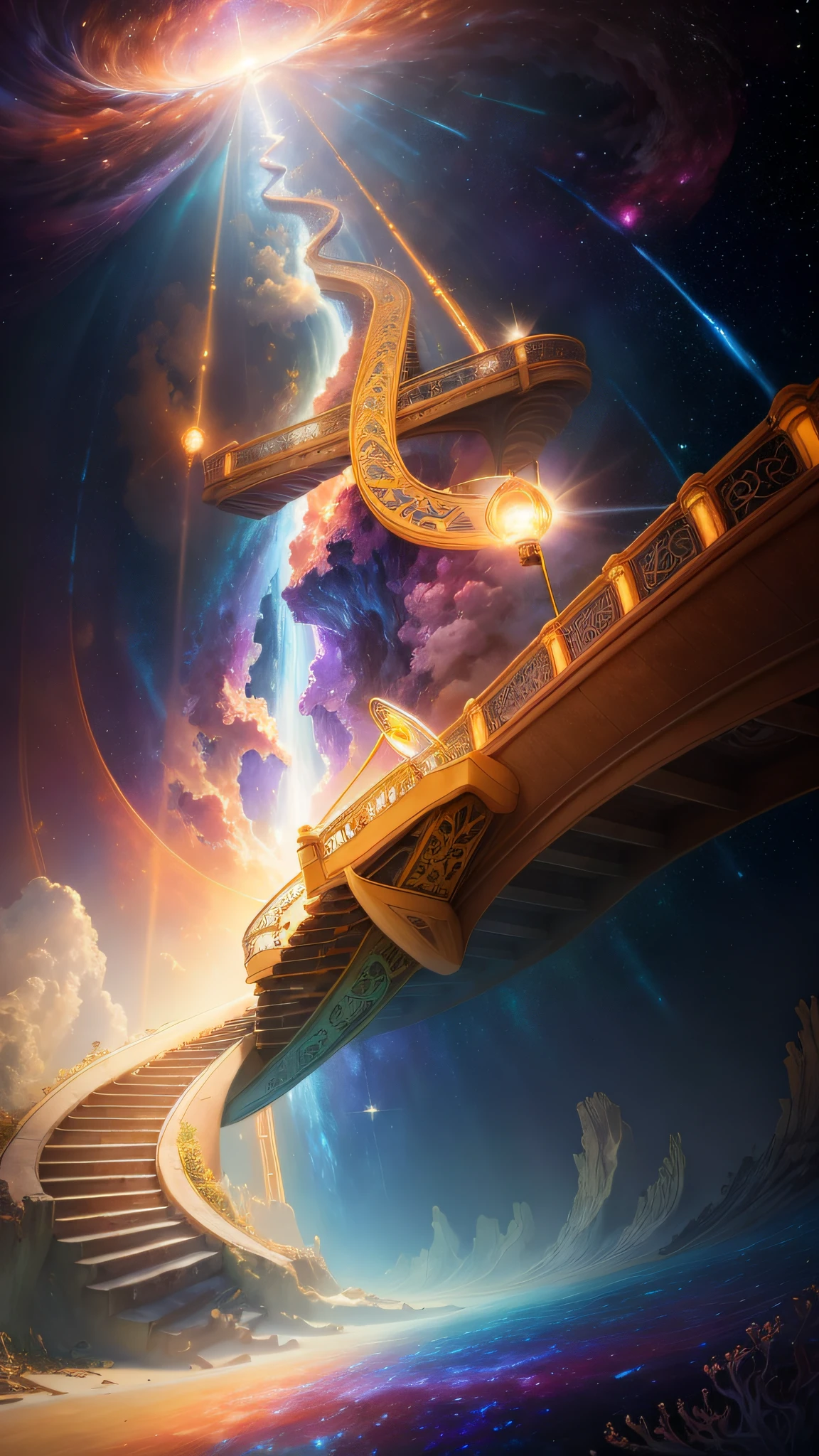 ((best quality)), ((masterpiece)), Wonderful, Beautiful, Shiny, Glory of God, Super Detailed,  a stairway leading to the sky with clouds and sun , (detailed), oil painting, (nebula under the sea:1.3), (galactic:1.2), celestial, ocean, (incredibly detailed:1.1), (complex details:1.2), (Studio Ghibli influence:1.1), mosaic, (photorealistic:1.2), volumetric lighting, (ray tracing:1.1), well lit, (octane render:1.1), (Art Nouveau style:1.2), Raw, Ultra Quality, A Stairway to Heaven, Inside a Tunnel of Light, in the background with a bright light coming from the top, Andries Stock, sky, a picture, rayonism