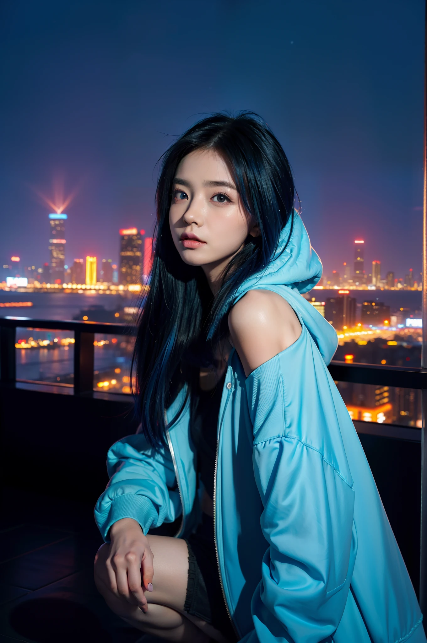(Masterpiece), Best quality, 超高分辨率,, cyberpunk 1girl flying above stunning cityscape ,Hoodie,Blue hair, neon color shooting stars, Very long hair, cropped shoulders, feathers hair ornament, Neon colors, Twinkle, stunning night sky, Cinematic lighting, Photorealistic, Realistic skin, hdr,fish eye