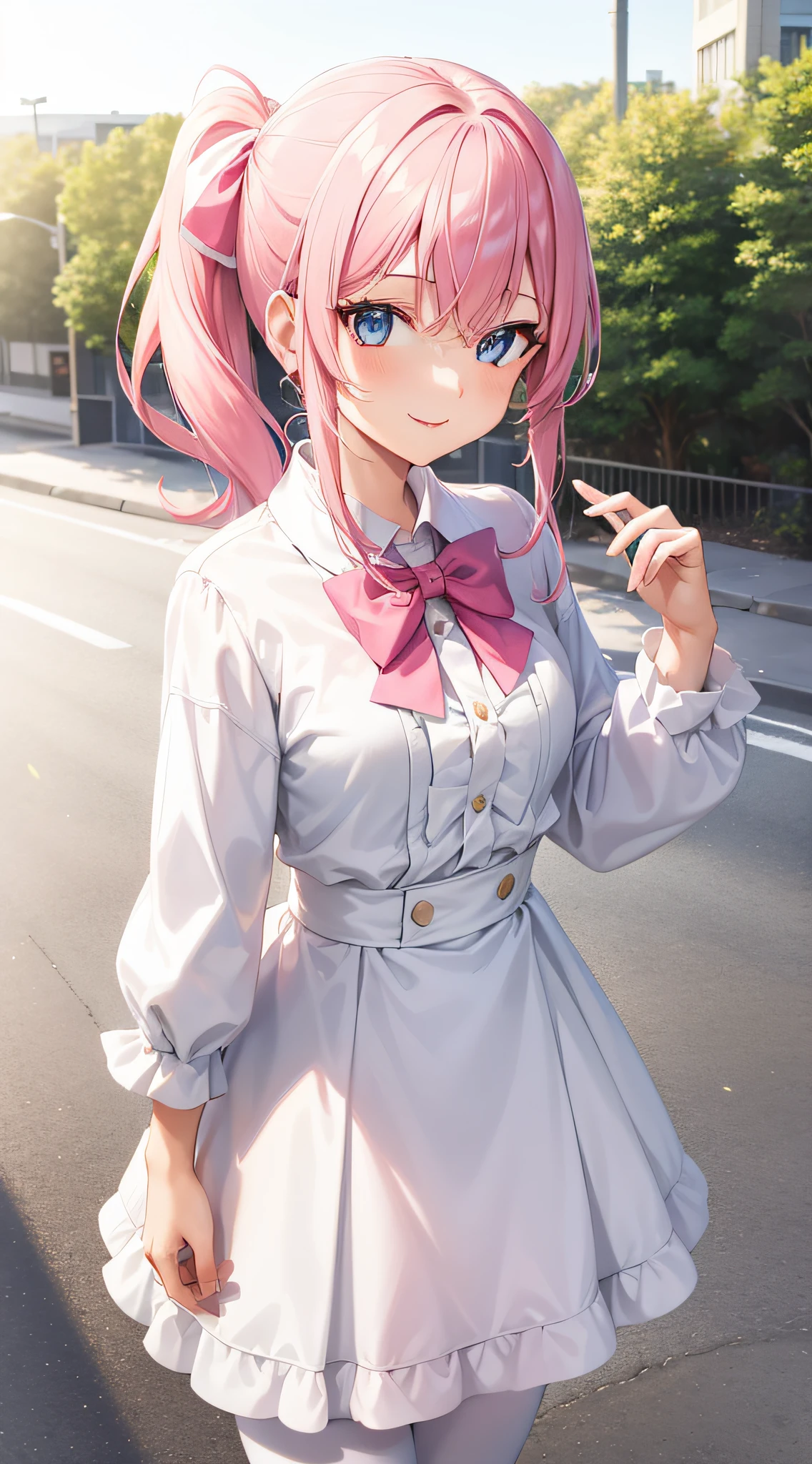 1girl, pink hair, white pantyhose, gradient hair, blue eyes, smile, side ponytail, hair bow, blue bow, looking at viewer, solo