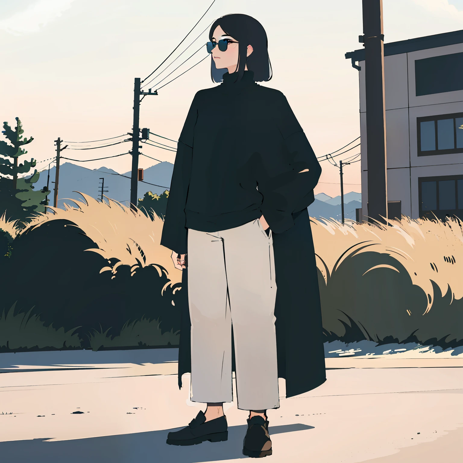 A cool woman, standing in sweater and pant