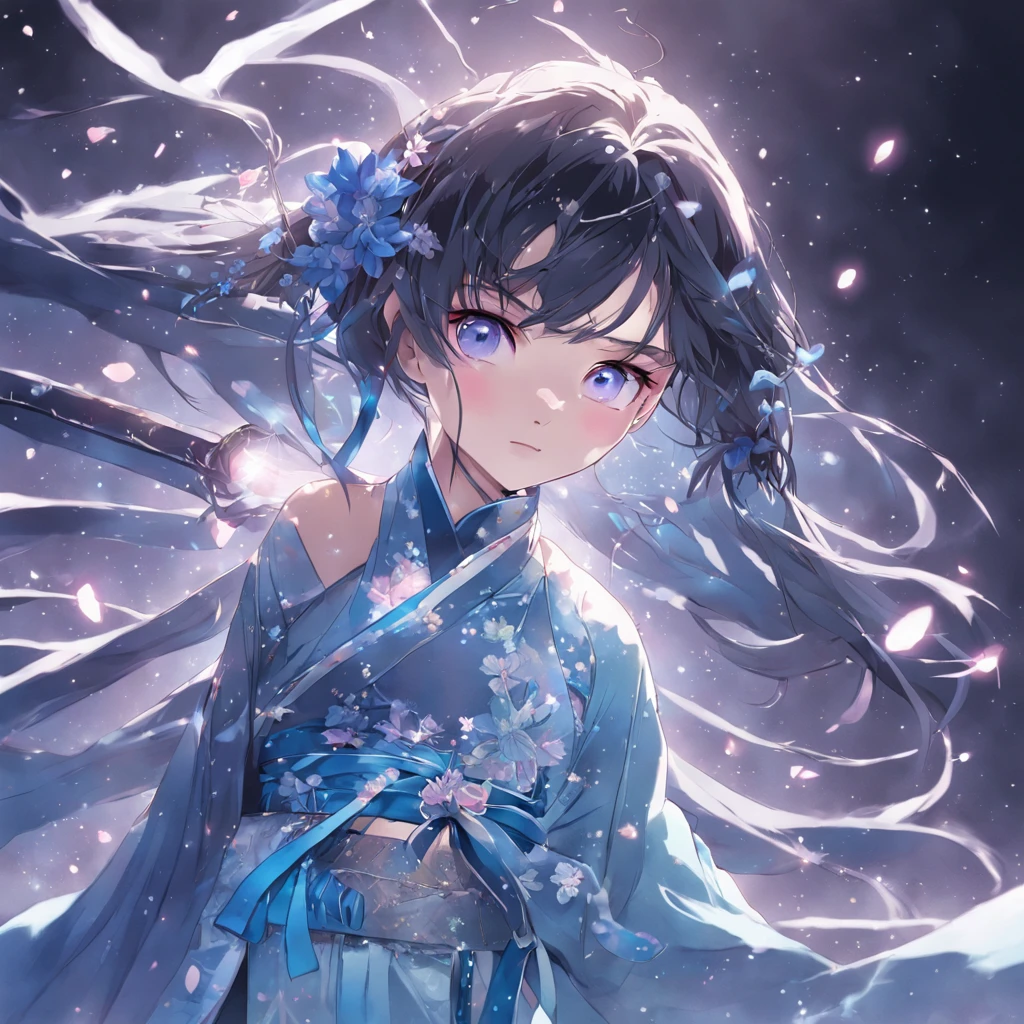 (: 1.5), Lace, ribbon, Hanfu, (Masterpiece, Side light, Delicate and beautiful gray eyes: 1.2), Masterpiece, Realistic, Glowing eyes, Shiny hair, Black hair, Long hair, Shiny skin, Solo, embarressed, tube top, Delicate, Beautiful, sonoko, Flowers, Fluttering petals,Blue laser sword