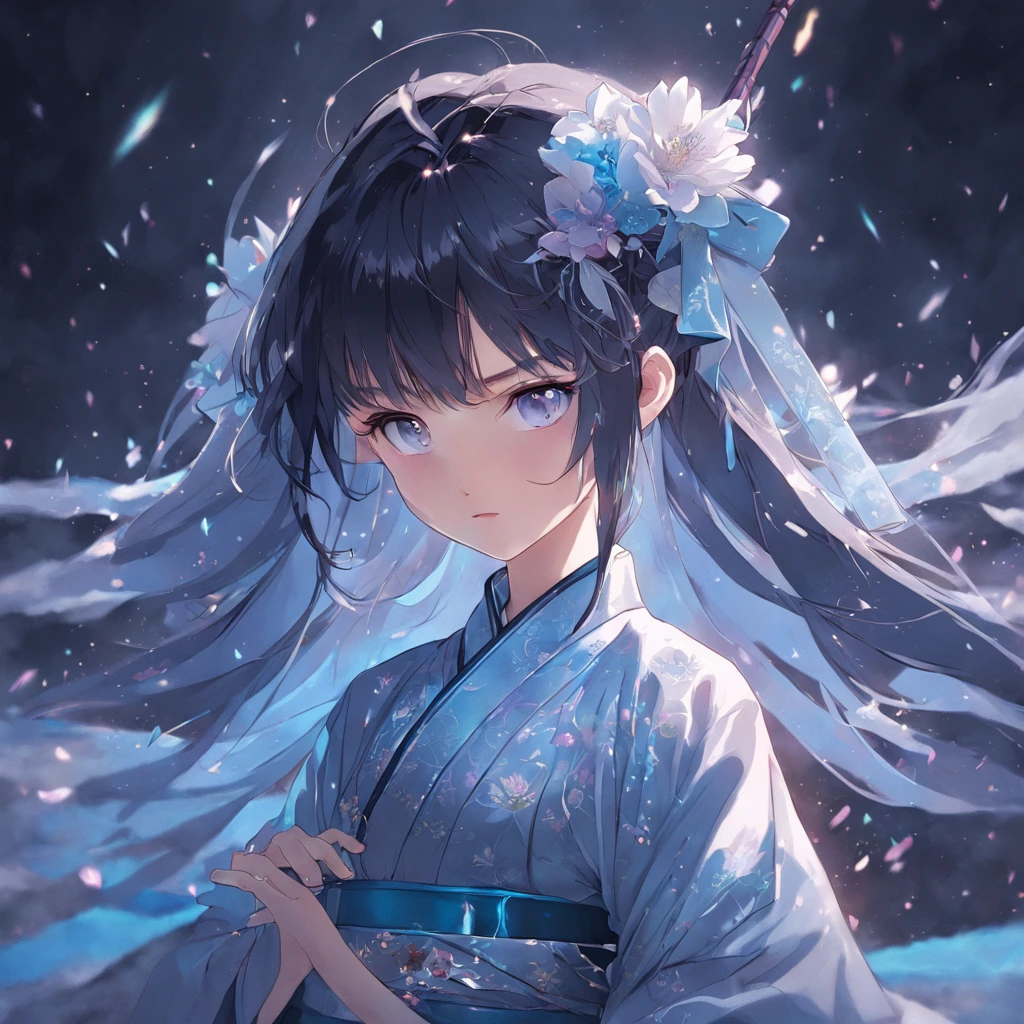 (: 1.5), Lace, ribbon, Hanfu, (Masterpiece, Side light, Delicate and beautiful gray eyes: 1.2), Masterpiece, Realistic, Glowing eyes, Shiny hair, Black hair, Long hair, Shiny skin, Solo, embarressed, tube top, Delicate, Beautiful, sonoko, Flowers, Fluttering petals,Blue laser sword