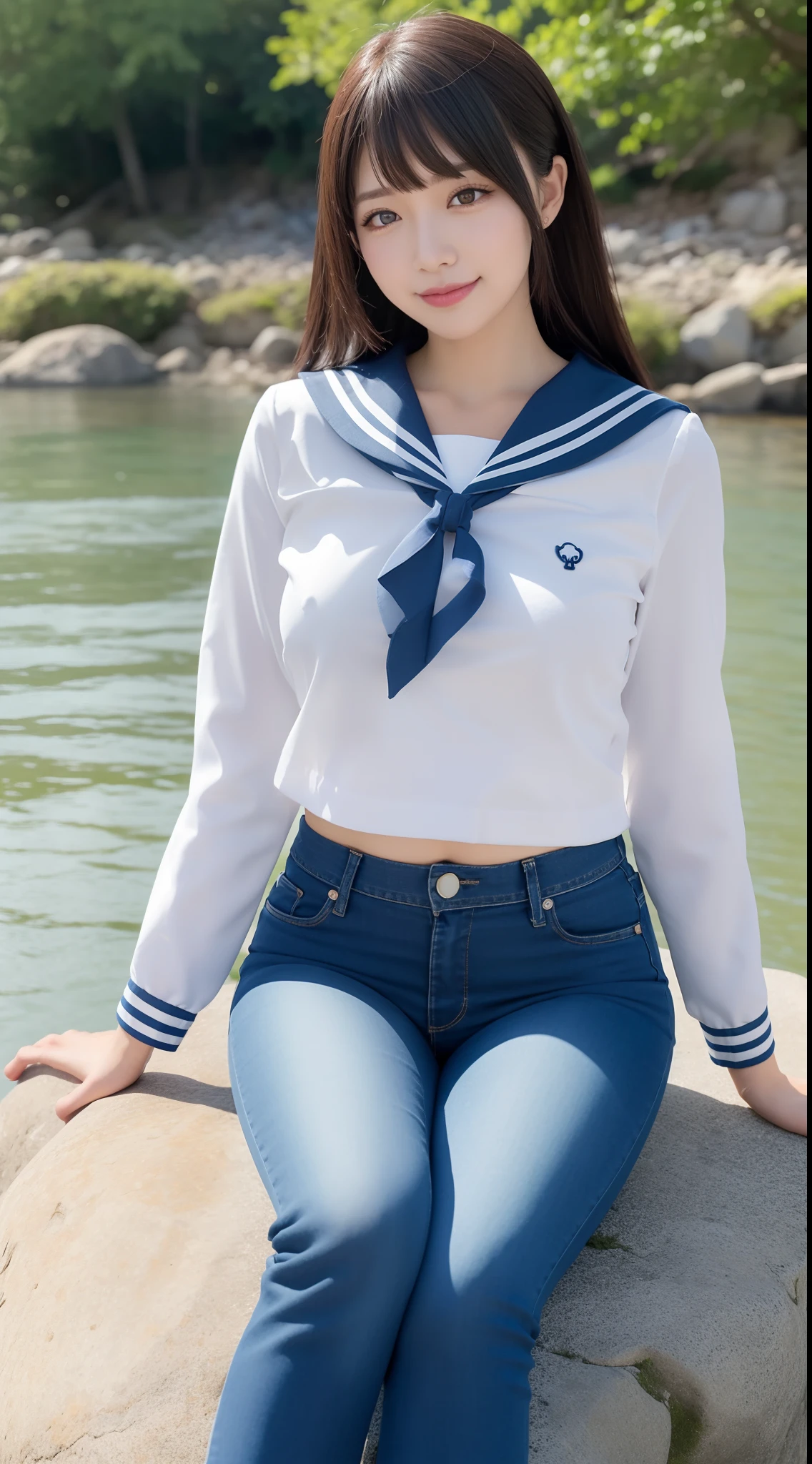 a pregirl,Thirty year old, ssmile, looking at viewert, sailor uniformm,skintight jeans, photore, realisticlying, Best quality at best, employee, 详细的脸, Sitting on a large rock by the river, diffuselighting, depth of fields, Background bokeh