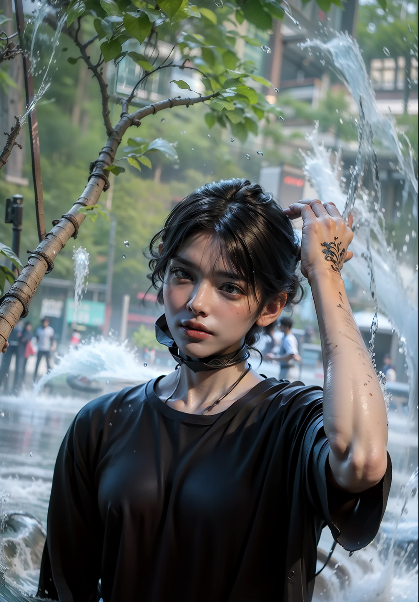 Imperial water,Surrounded by water jets,Splashes in the air,1boys,8K,Realiy,Man standing,Surrounded by water jets,The legend of Xianxia,Fantasy world,Xia customer service appeared,Handsome face,Look straight ahead,intricately details,tmasterpiece:1.2,best qualtiy