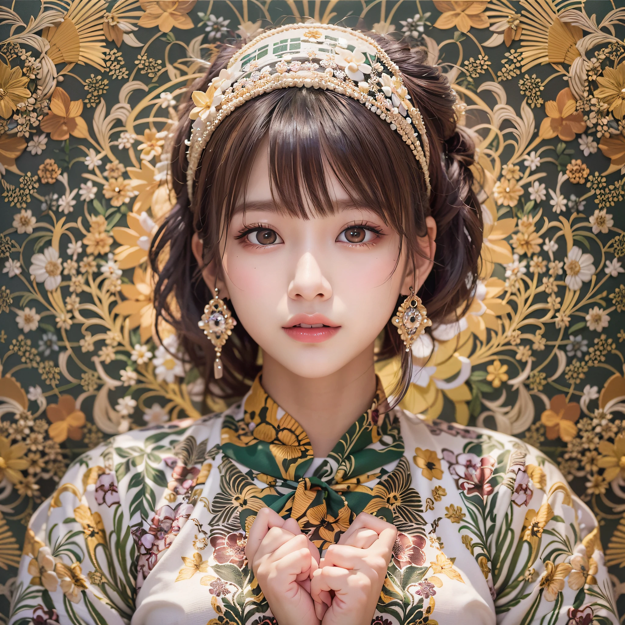 (Background, symmetrical, Compositions with coloful geometric arabesque patterns):1.3, (Bun hair, dark brown hair), (top-quality, Photorealsitic:1.4, masterpiece:1.3, cinematric light, very detailed illustration), (1woman:1.3, solo), (asian girl, ultra delicate face, ultra Beautiful fece, ultra delicate eyes, ultra detailed nose, ultra detailed mouth, ultra detailed facial features), (doress, off shoulders), (medium breast:1.3), from the front side, slender body, lipgloss