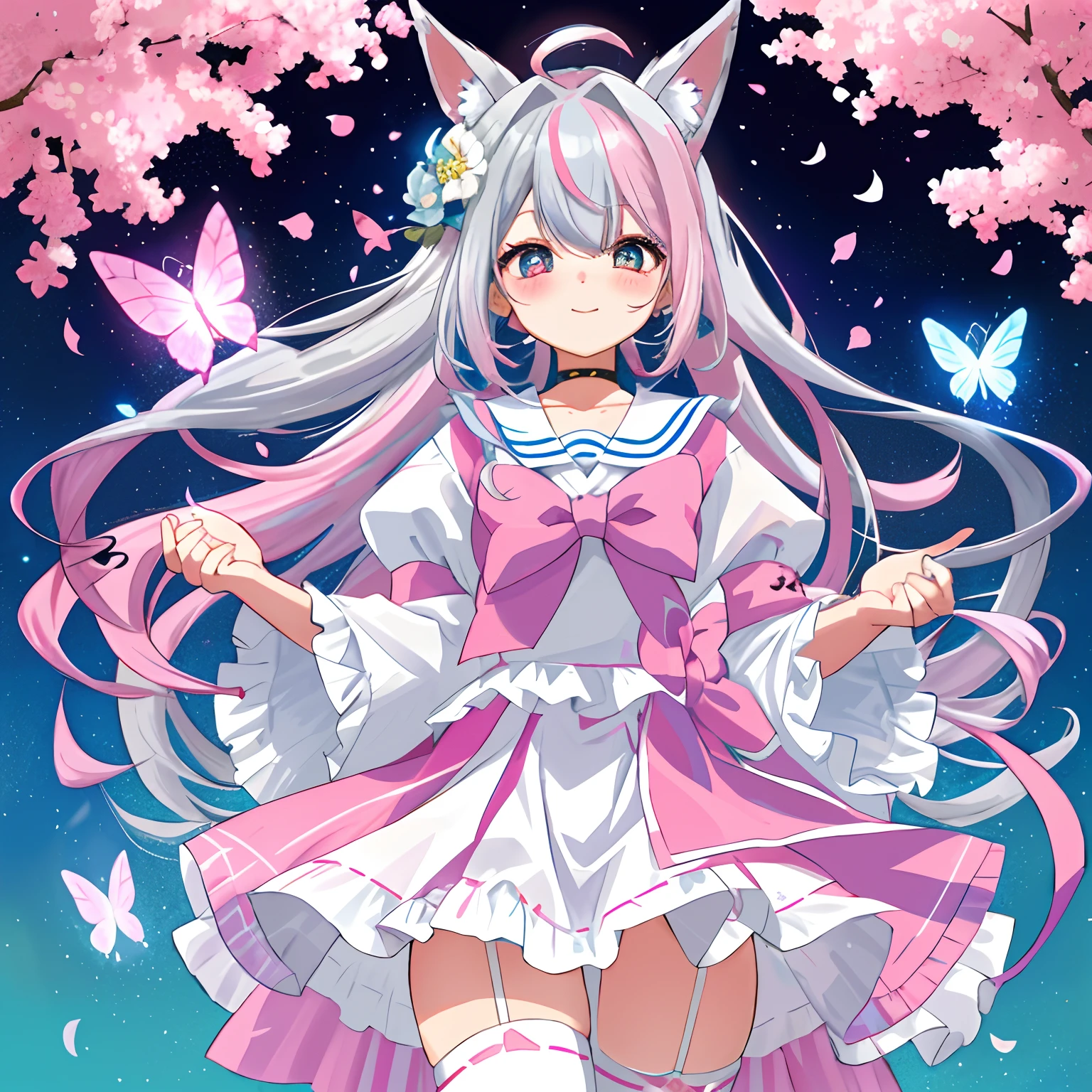 an Quority({Multi-colored hair+Gray hair:1.8+A pink-haired:0.2+Blue hair 0.3})Cute bunny-eared lady，Cotton white meow-style makeup，Tiny cute，falling flower petals，Fluttering butterflies，white stockings，Butterfly headdress and sailor suit。