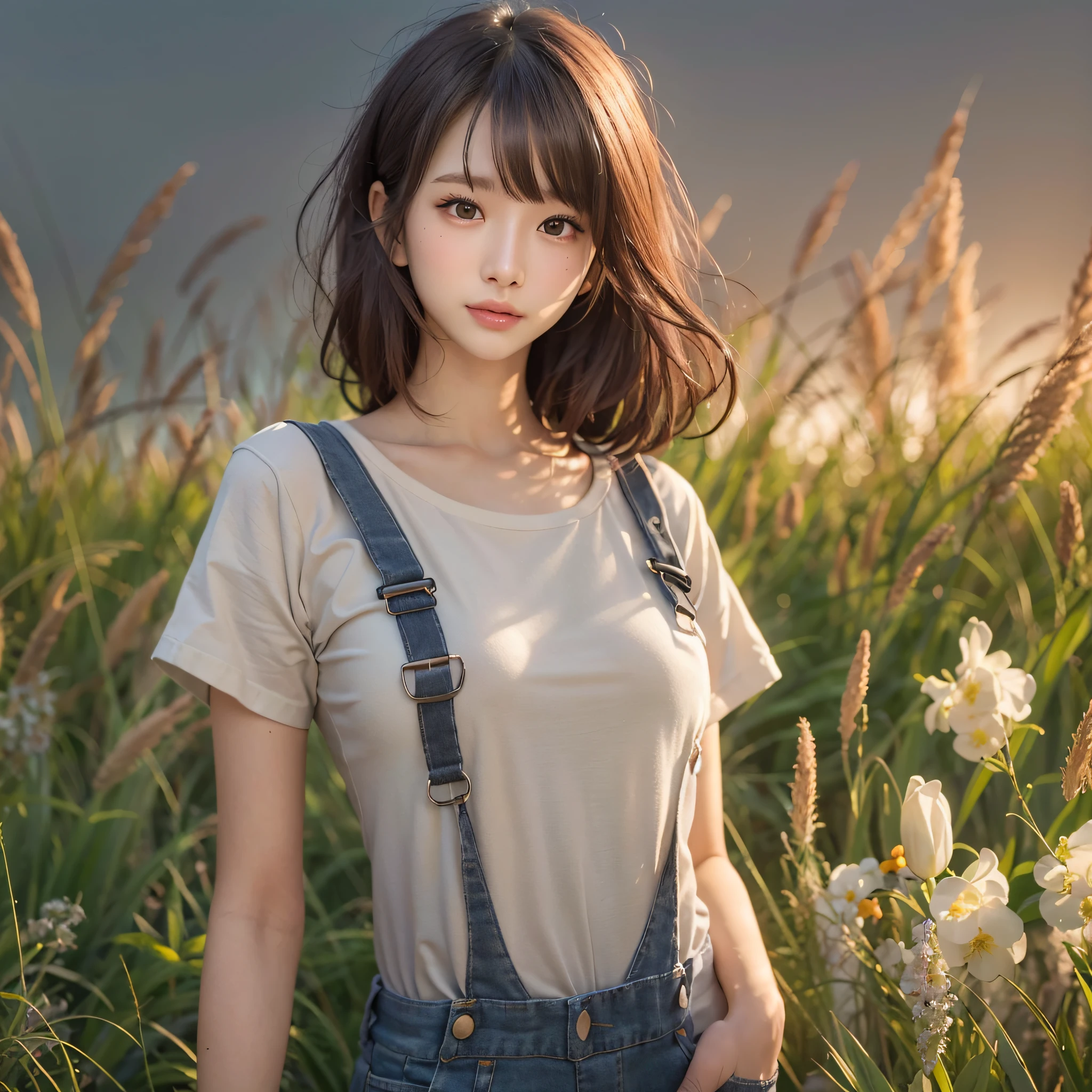 (Background, Grassland with beautiful sunset):1.3, (Bun hair, dark brown hair), (Photorealsitic:1.1), (1woman:1.3, solo), (asian girl, ultra delicate face, ultra Beautiful fece, ultra delicate eyes, ultra detailed nose, ultra detailed mouth, ultra detailed facial features), (camisole), (medium breast:1.3), from the front side, A slender, lipgloss, (White T-shirt, Black overalls)